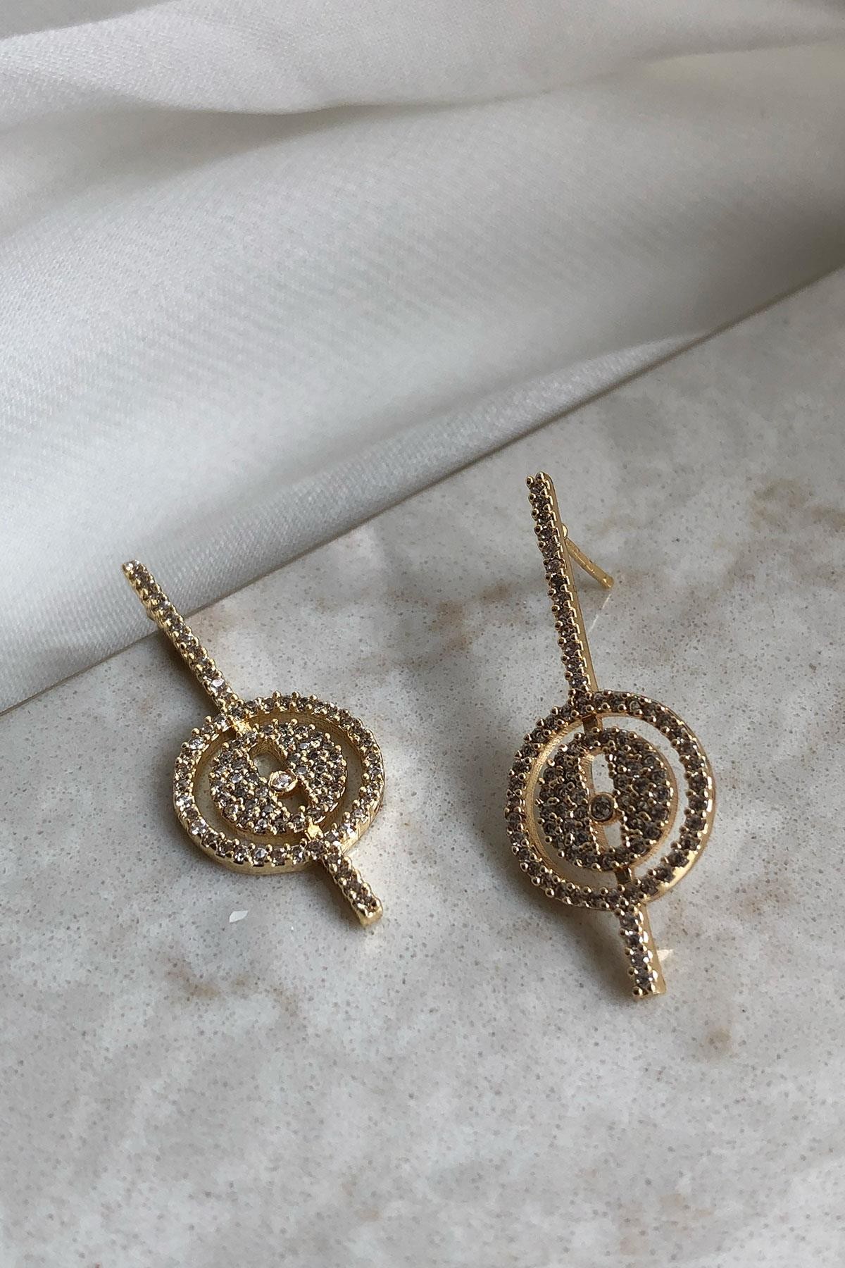 Taşlı Yuvarlak Model Gold Detaylı Kaplama Küpe