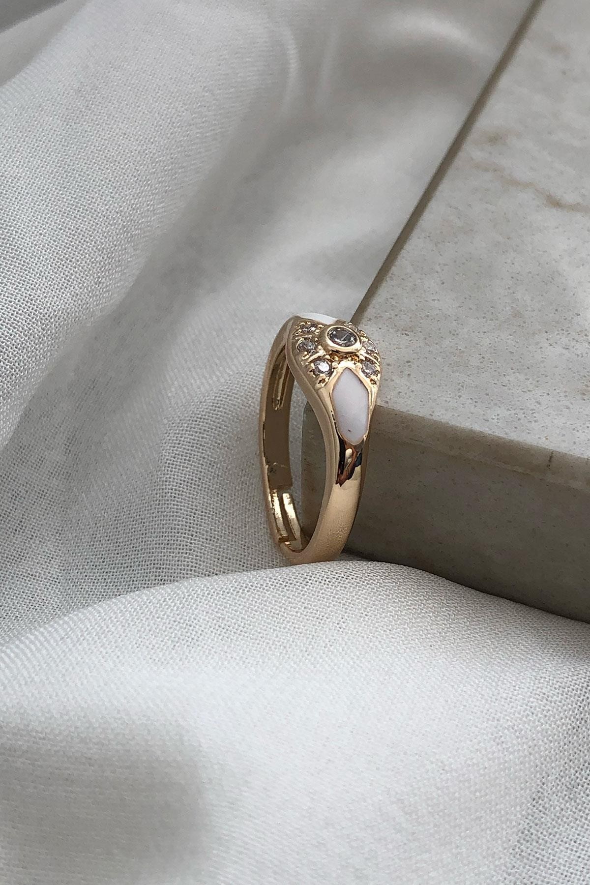 Beyaz Taş Model Gold Detaylı Zirkon Taş Ayarlanabilir Yüzük