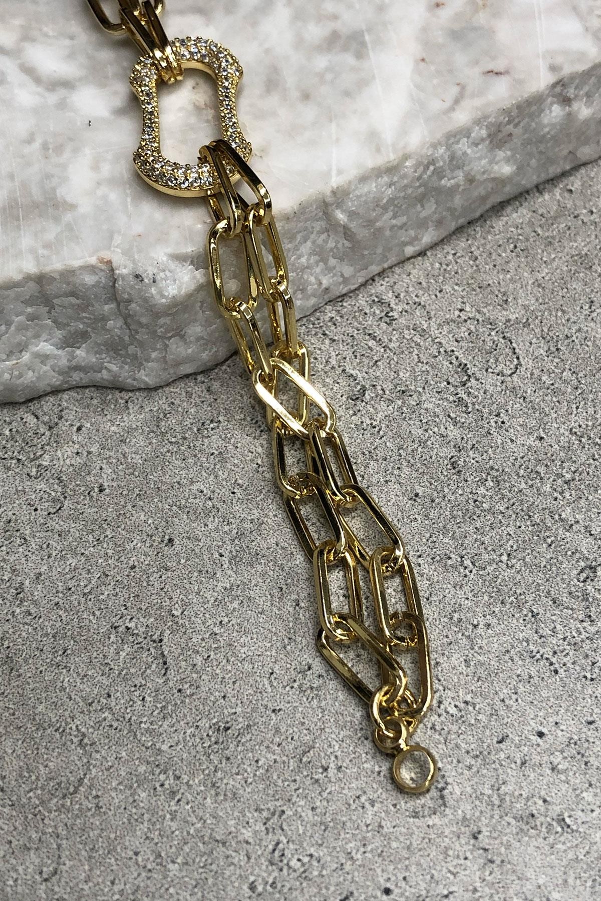 Taşlı Oval Model Gold Detaylı Kaplama Bileklik