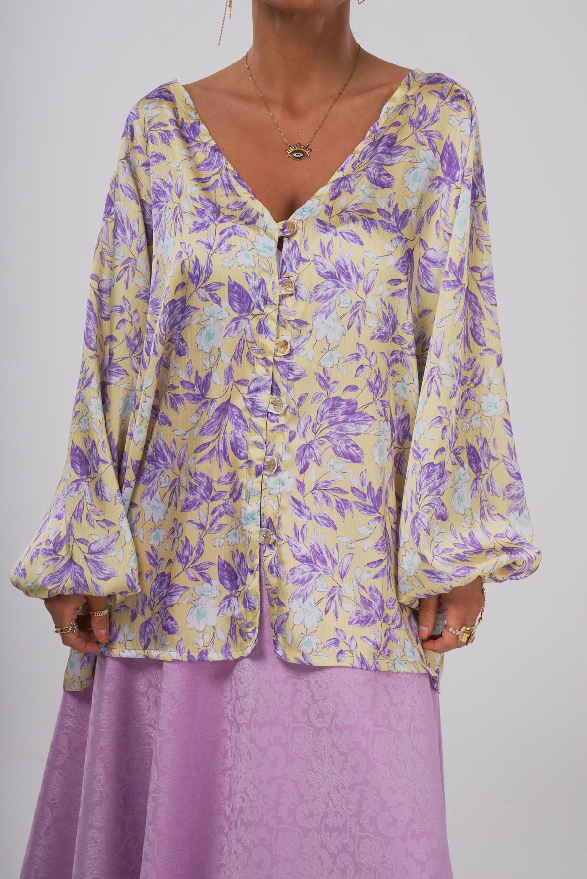 Pastel Çiçek | Desenli Oversize Saten Gömlek