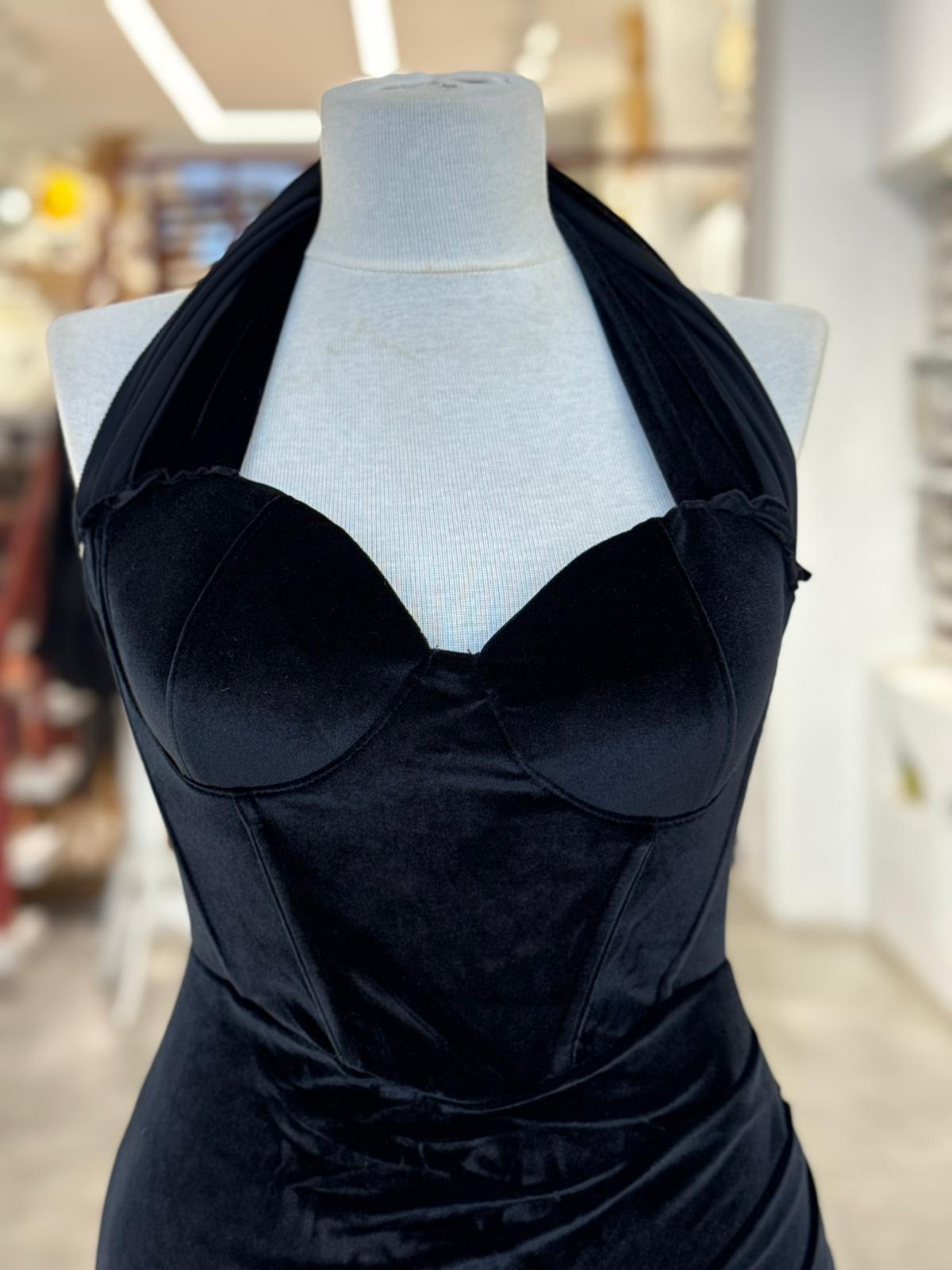 Korseli Siyah Kadife Elbise