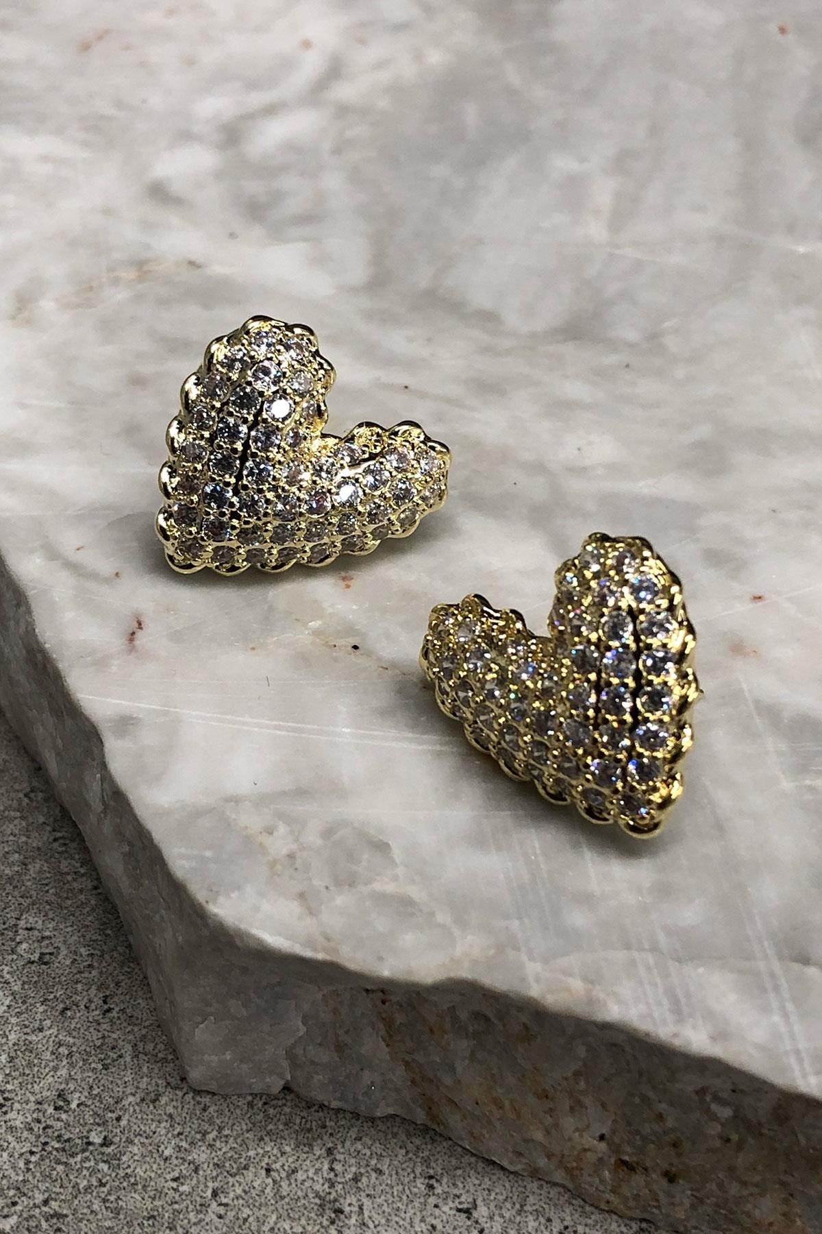Taşlı Kalp Model Gold Detaylı Küpe