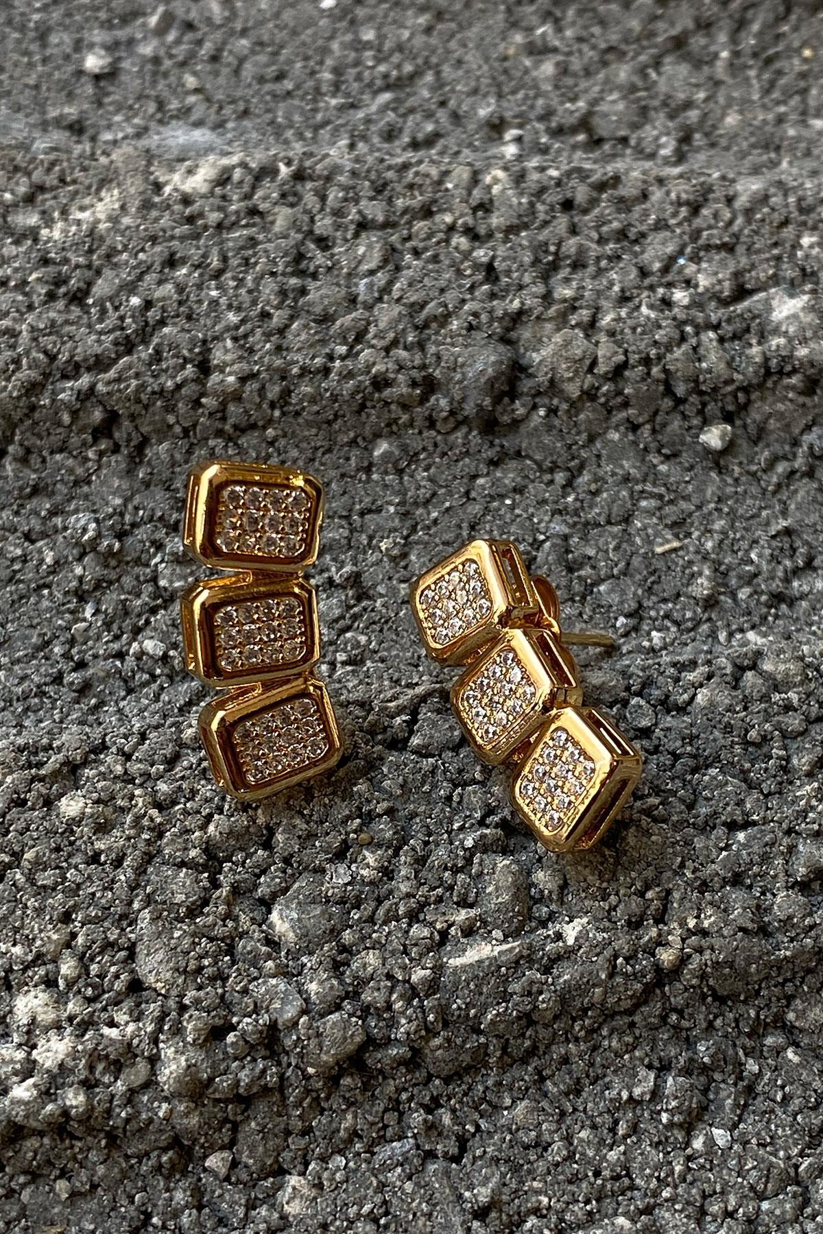Kare Taşlı Model Rose Gold Detaylı Zirkon Küpe