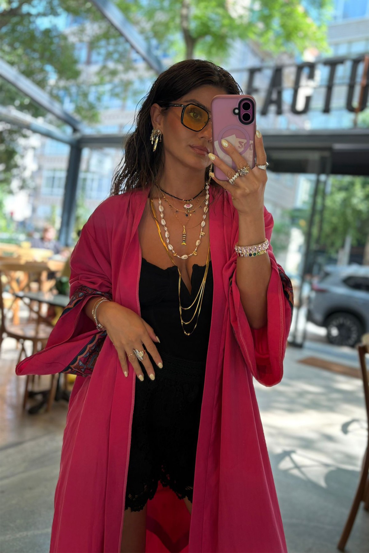 Uçuş | Desenli Pembe Kimono