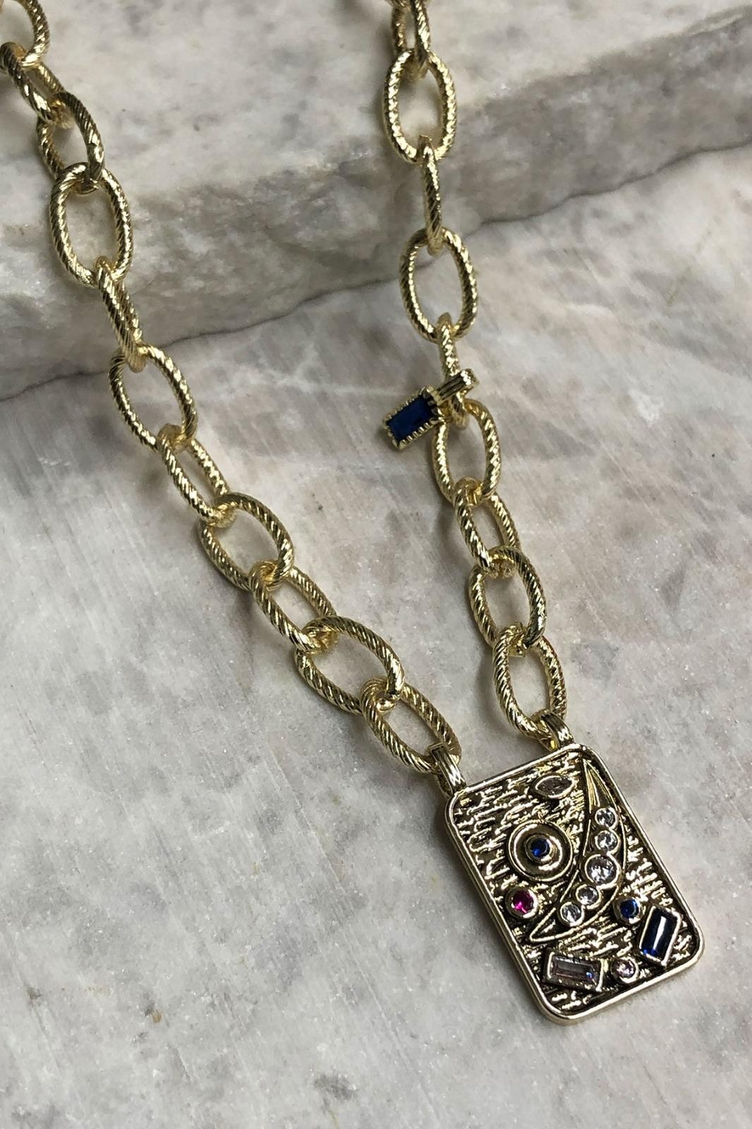 Kare Desenli Model Gold Kaplama Kolye
