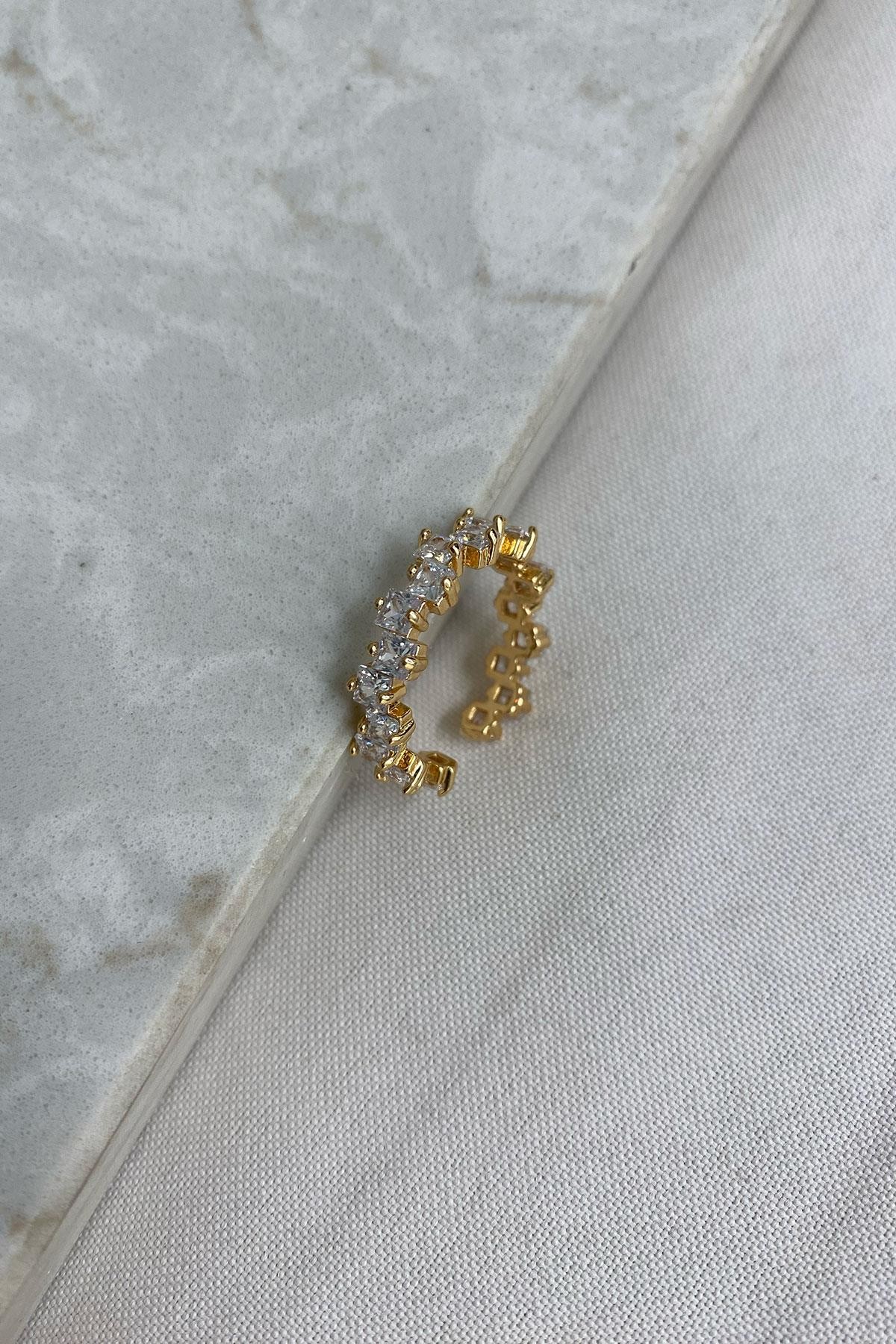 Beyaz Taşlı Gold Detaylı Ayarlanabilir Zirkon Taş Yüzük