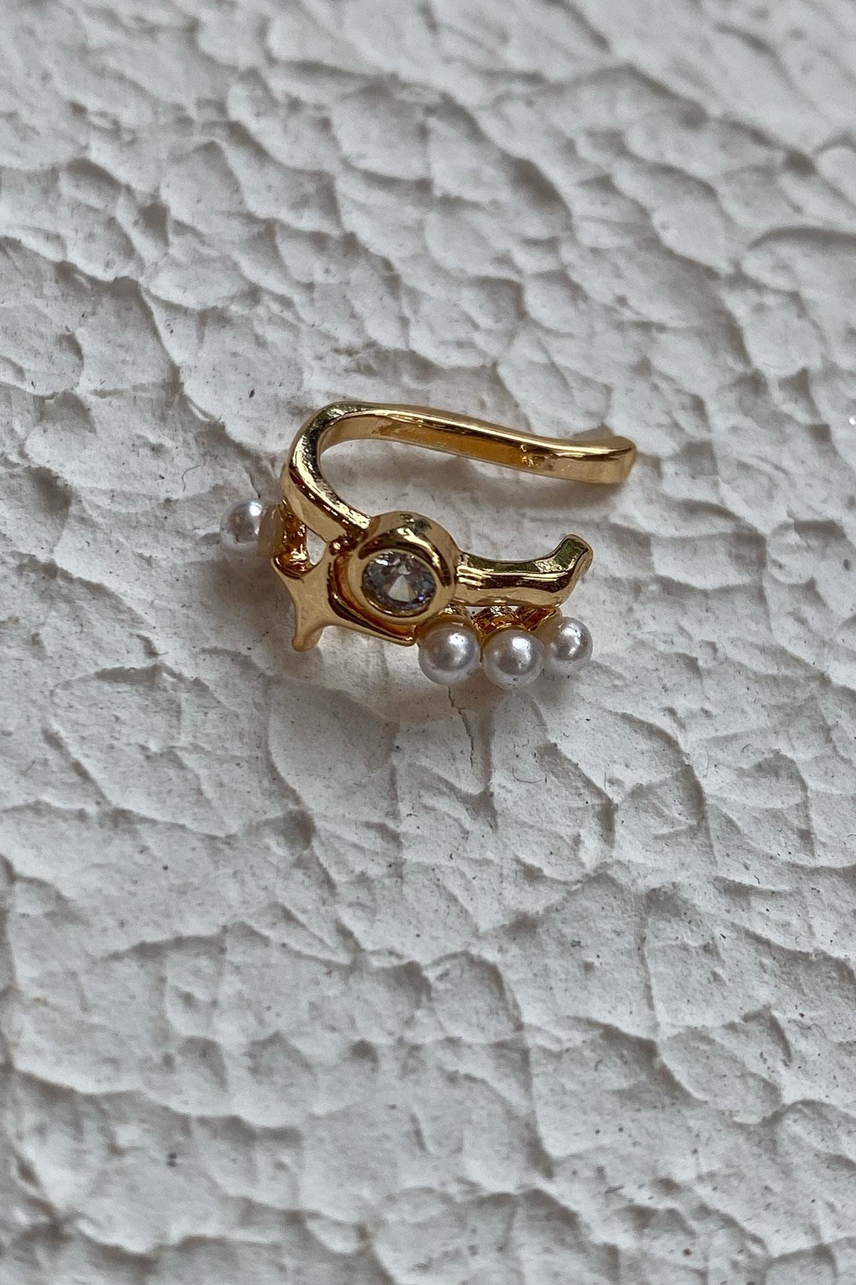 İncili Yıldız Model Gold Detaylı Zirkon Taş Kıkırdak Küpe
