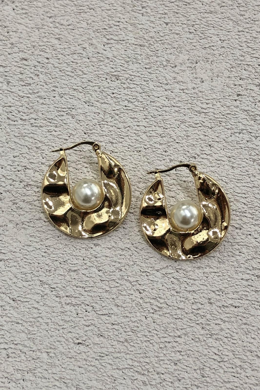 Halka Model İnci Detay Gold Küpe