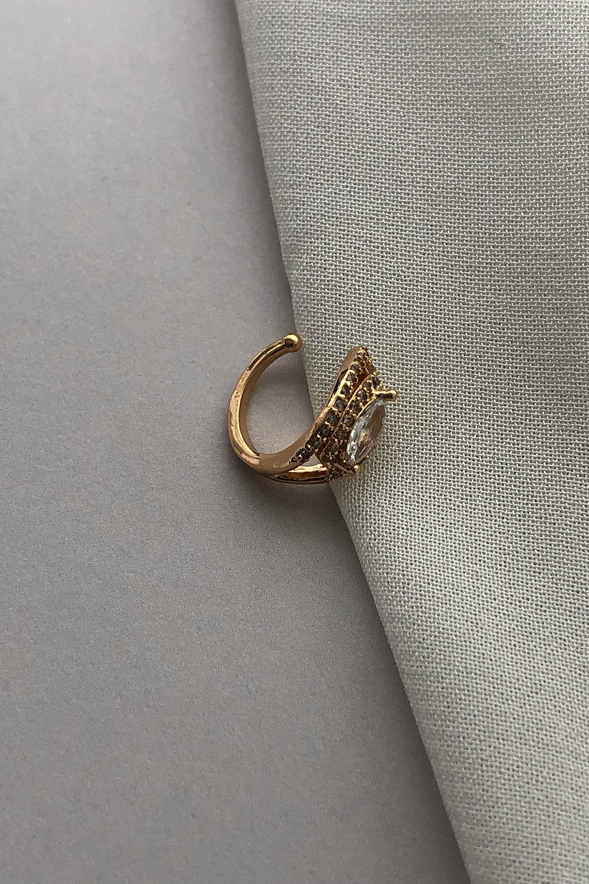 Oval Zirkon Taş Gold Detaylı Kıkırdak Küpe