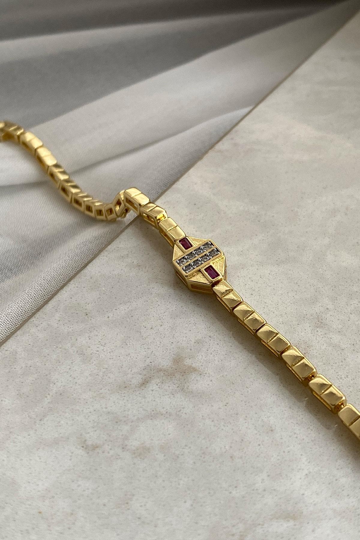 Gümüş Zirkon Taş Model Fuşya Gold Kare Detaylı Kaplama Bileklik