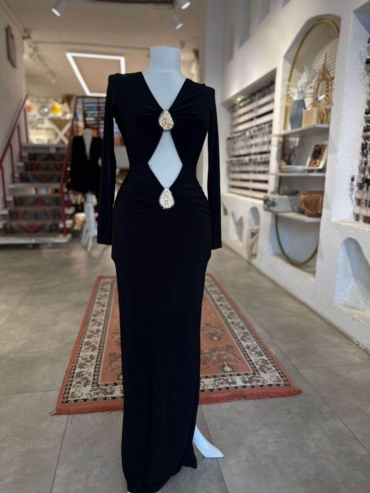 Dekolteli Gold Tokalı Siyah Elbise