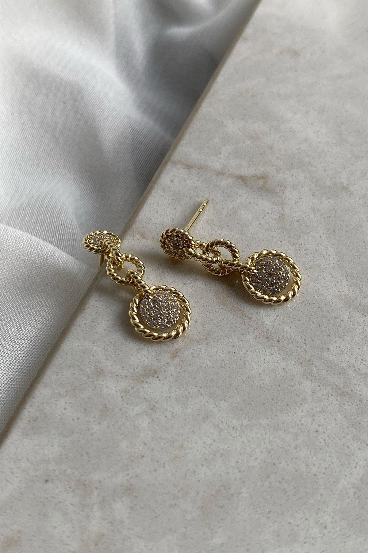 Yuvarlak Model Zirkon Taş Gold Detaylı Küpe