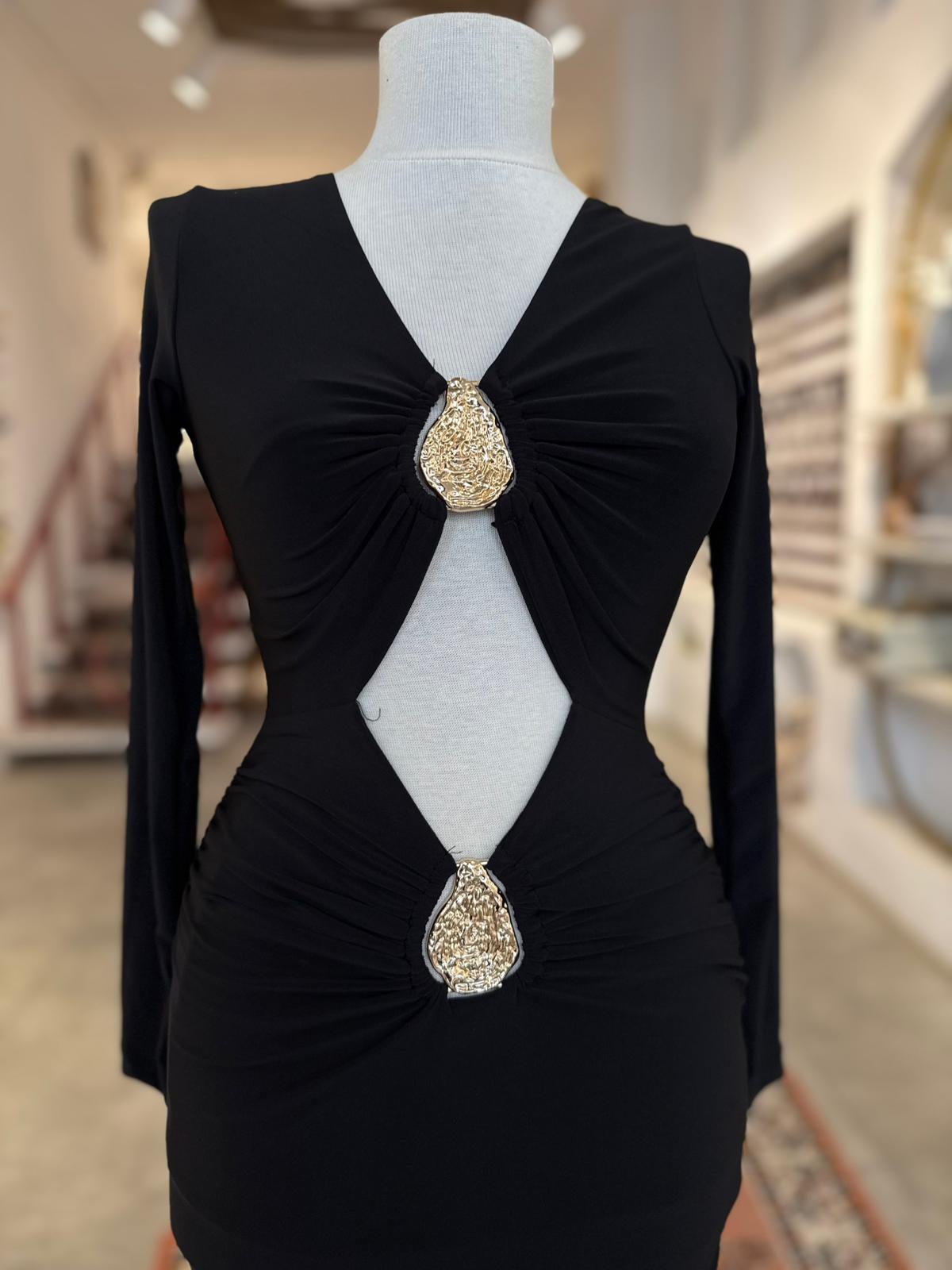 Dekolteli Gold Tokalı Siyah Elbise