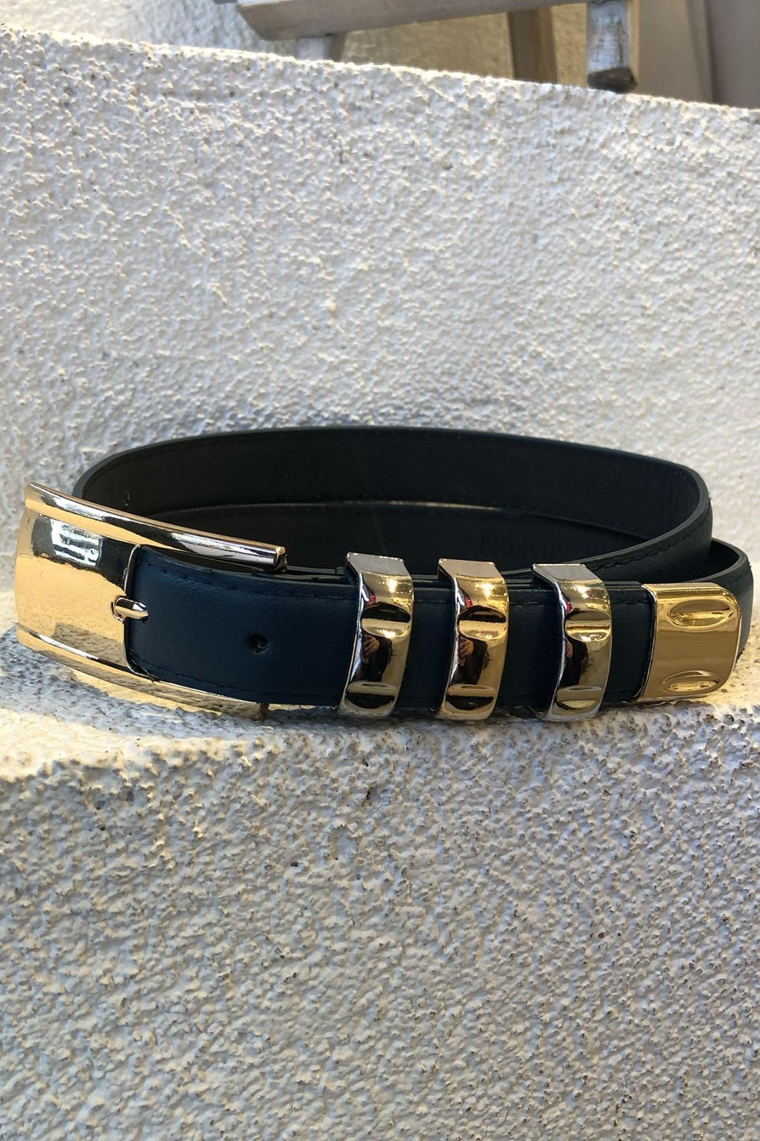 Siyah Üçlü Gold Detay Kemer