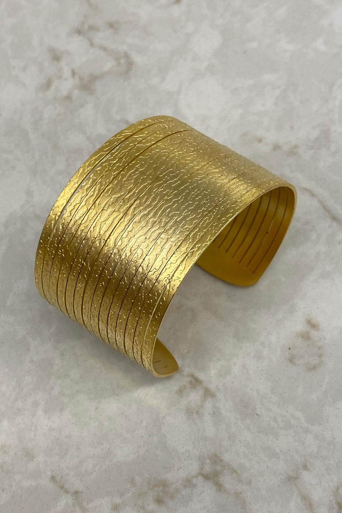 Çizgi Birleşik Model Gold Detaylı Antik Gümüş Kaplama Bilezik