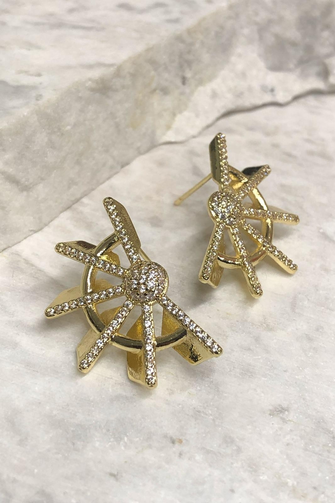 Zirkon Taş Güneş Model Gold Küpe