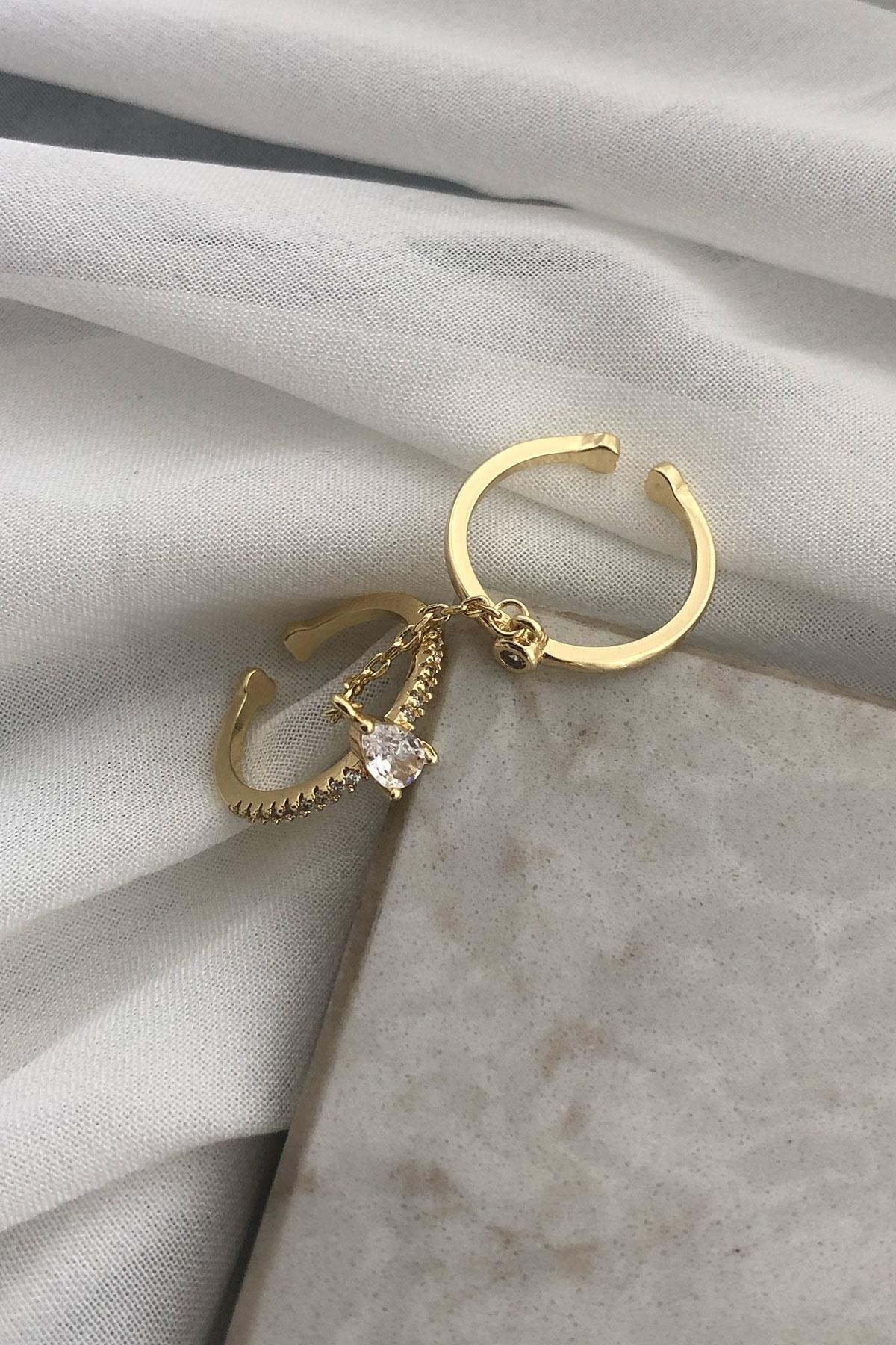 Taşlı İkili Model Gold Detaylı Zirkon Taş Yüzük