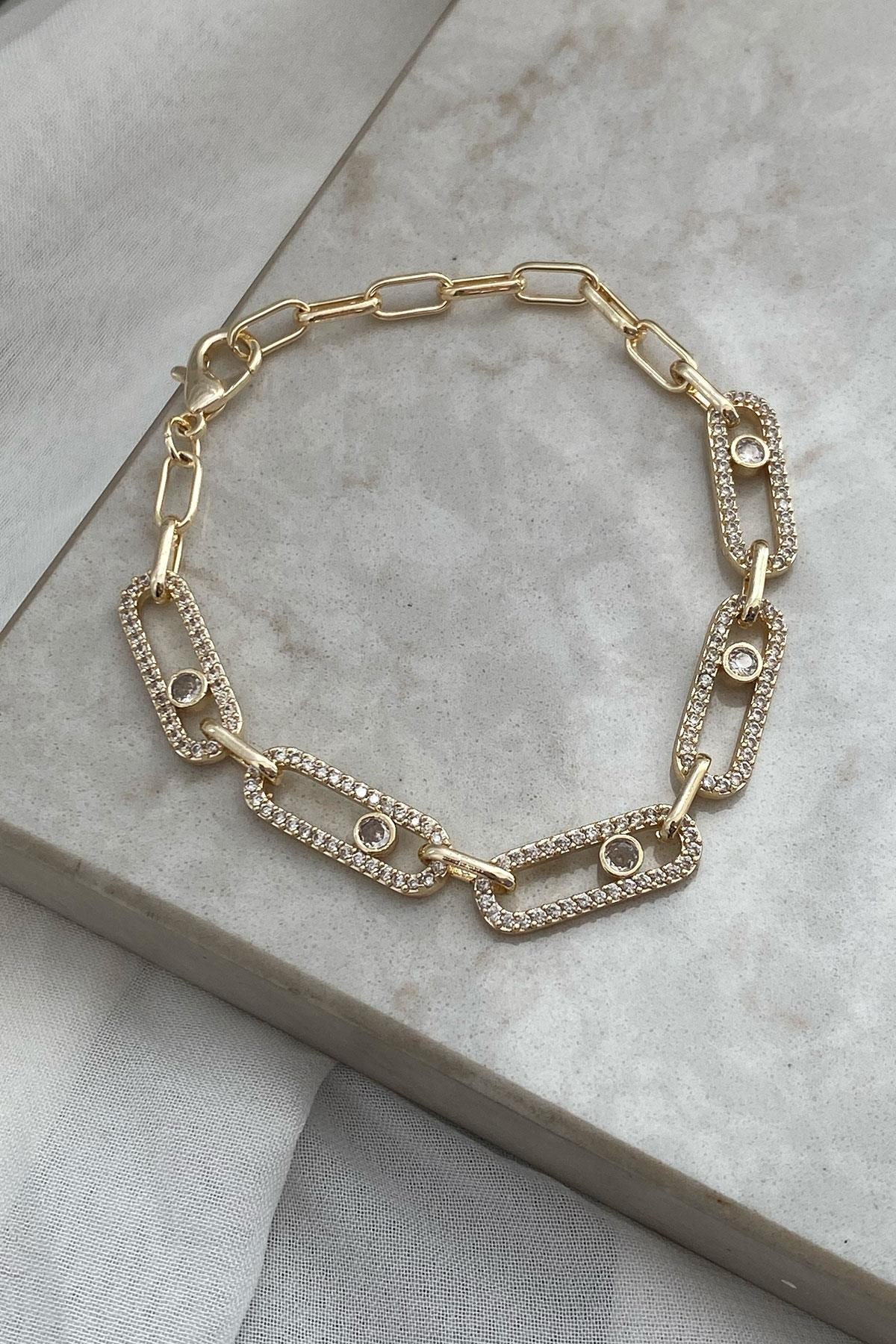 Oval Taşlı Model Gold Detaylı Kaplama Bileklik