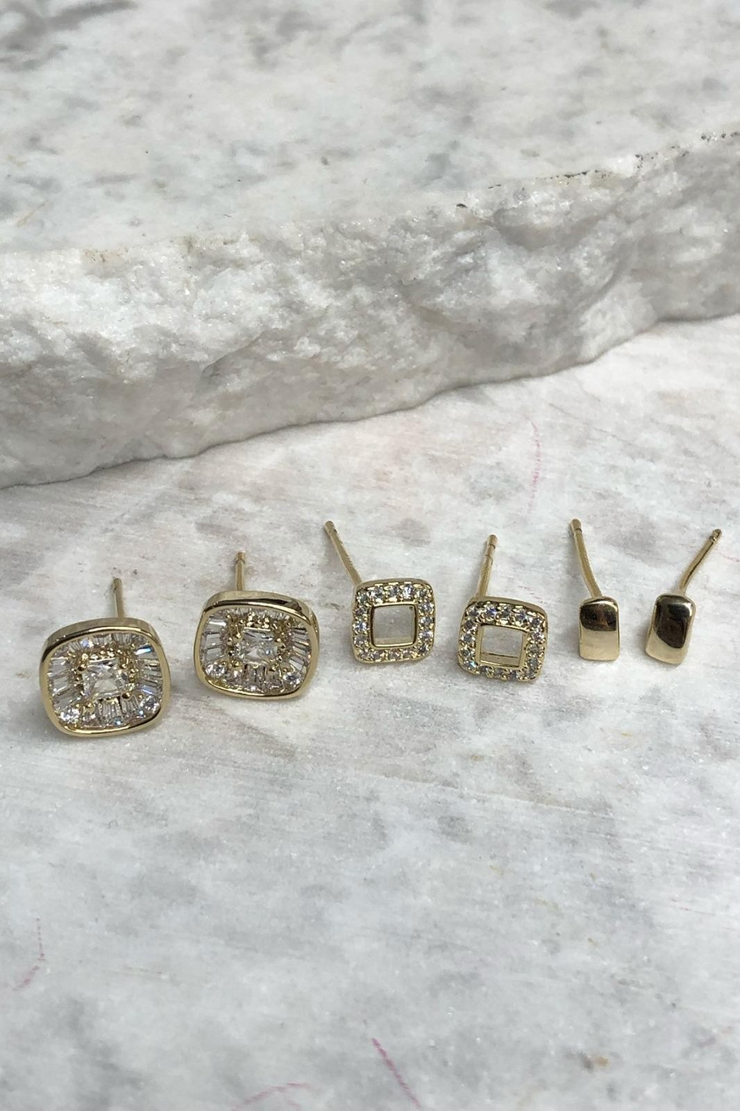 Kare Model Zirkon Taş Gold Set Küpe