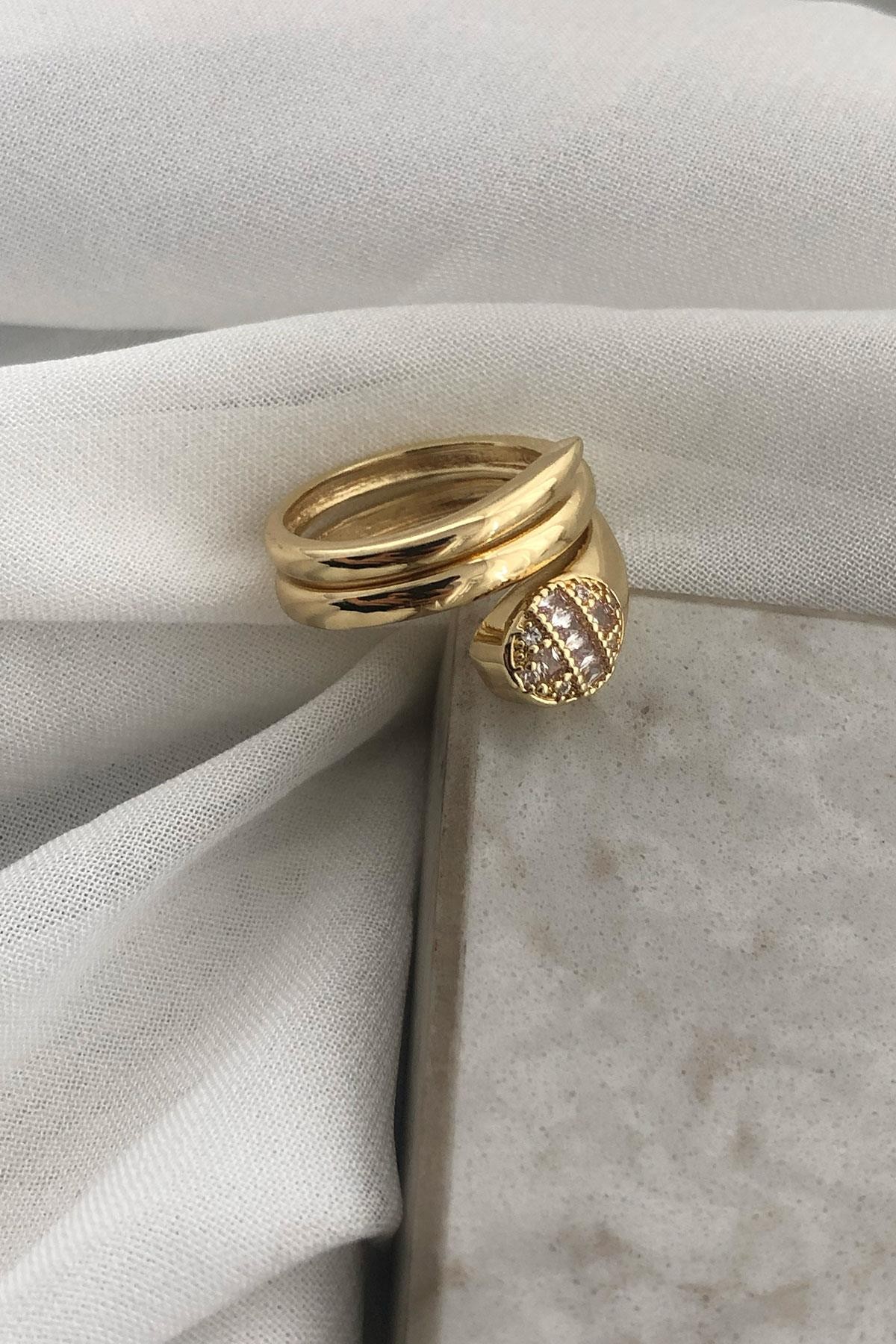 Taşlı Model Gold Detaylı Zirkon Taş Kolay Ayarlanabilir Yüzük