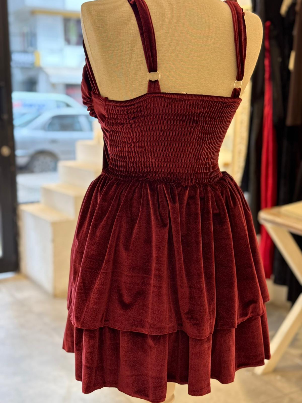 Korseli Kadife Bordo Renk Kısa Elbise