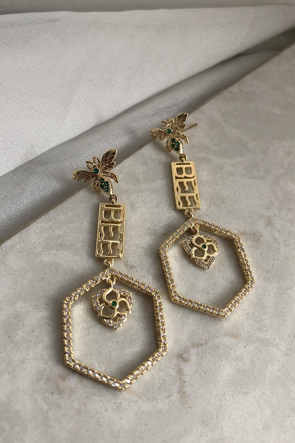 Geometrik Çiçek Model Taşlı Gold Detaylı Kaplama Küpe