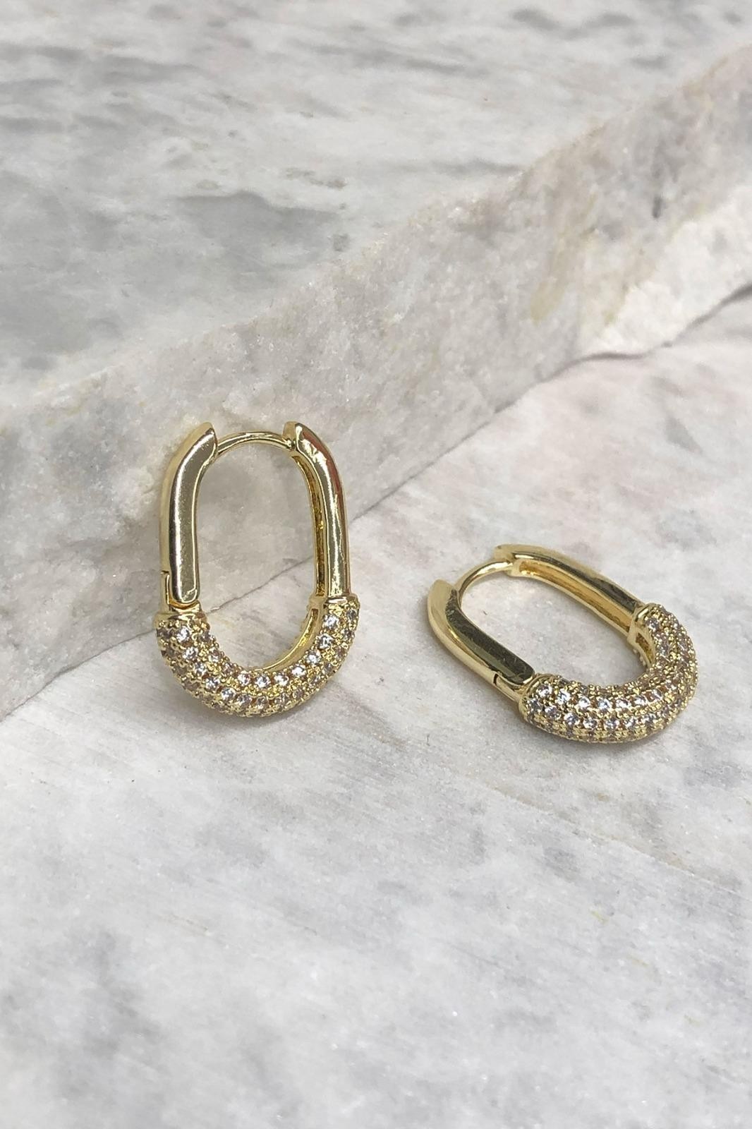 Çengel Model Zirkon Taş Gold Küpe