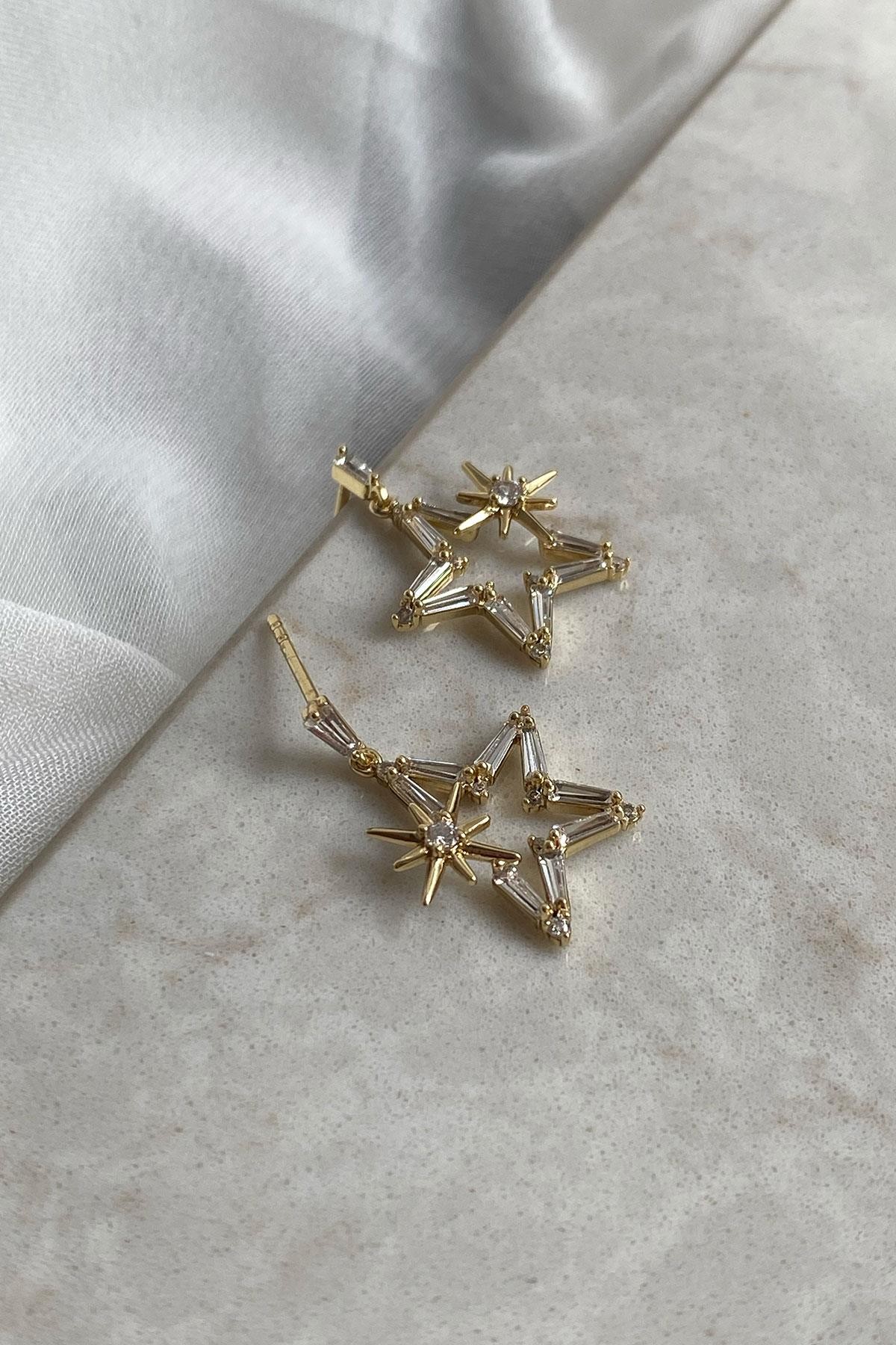 Yıldız Zirkon Taş Model Gold Detaylı Küpe