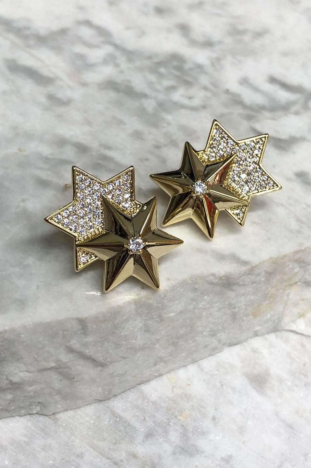 İkili Kutup Yıldız Model Zirkon Taş Detay Gold Küpe