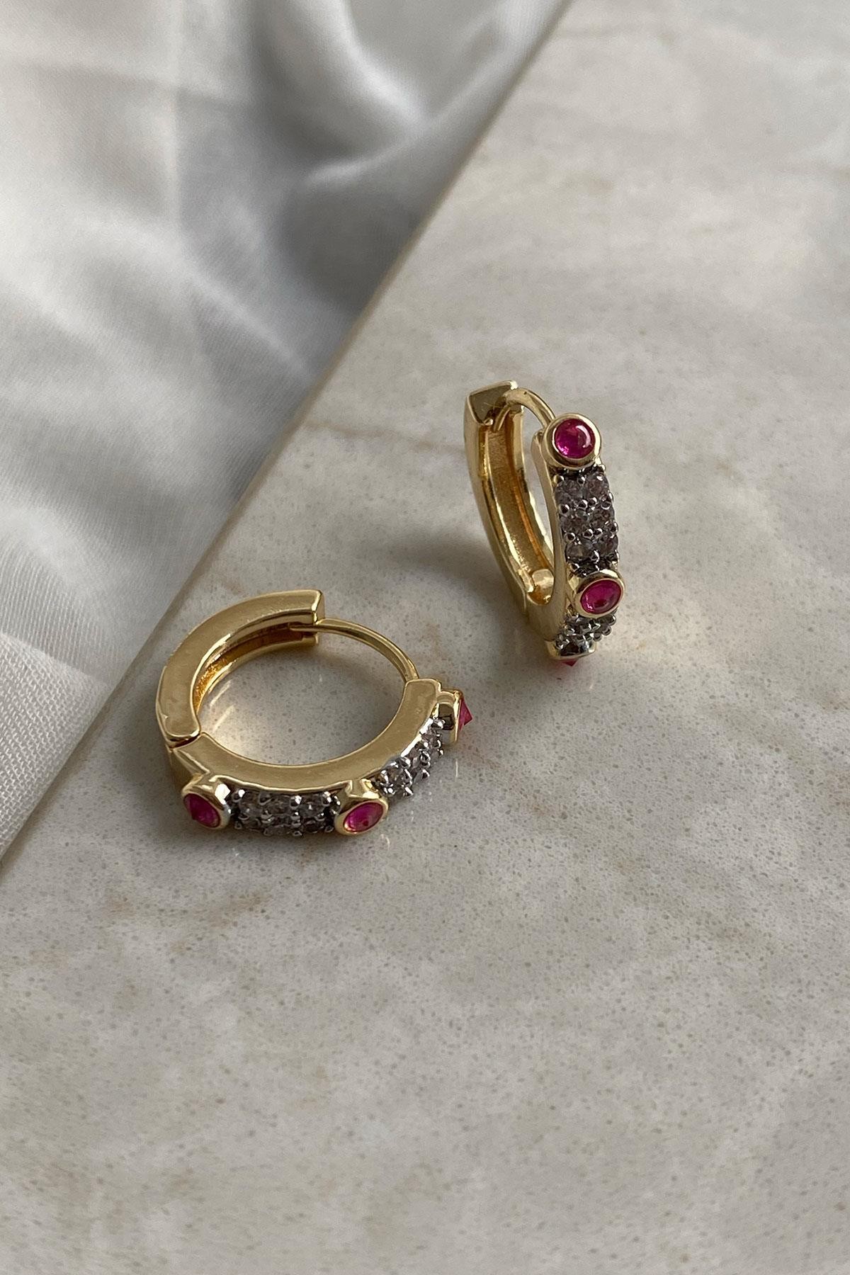 Pembe Beyaz Zirkon Taş Model Gold Detaylı Küpe