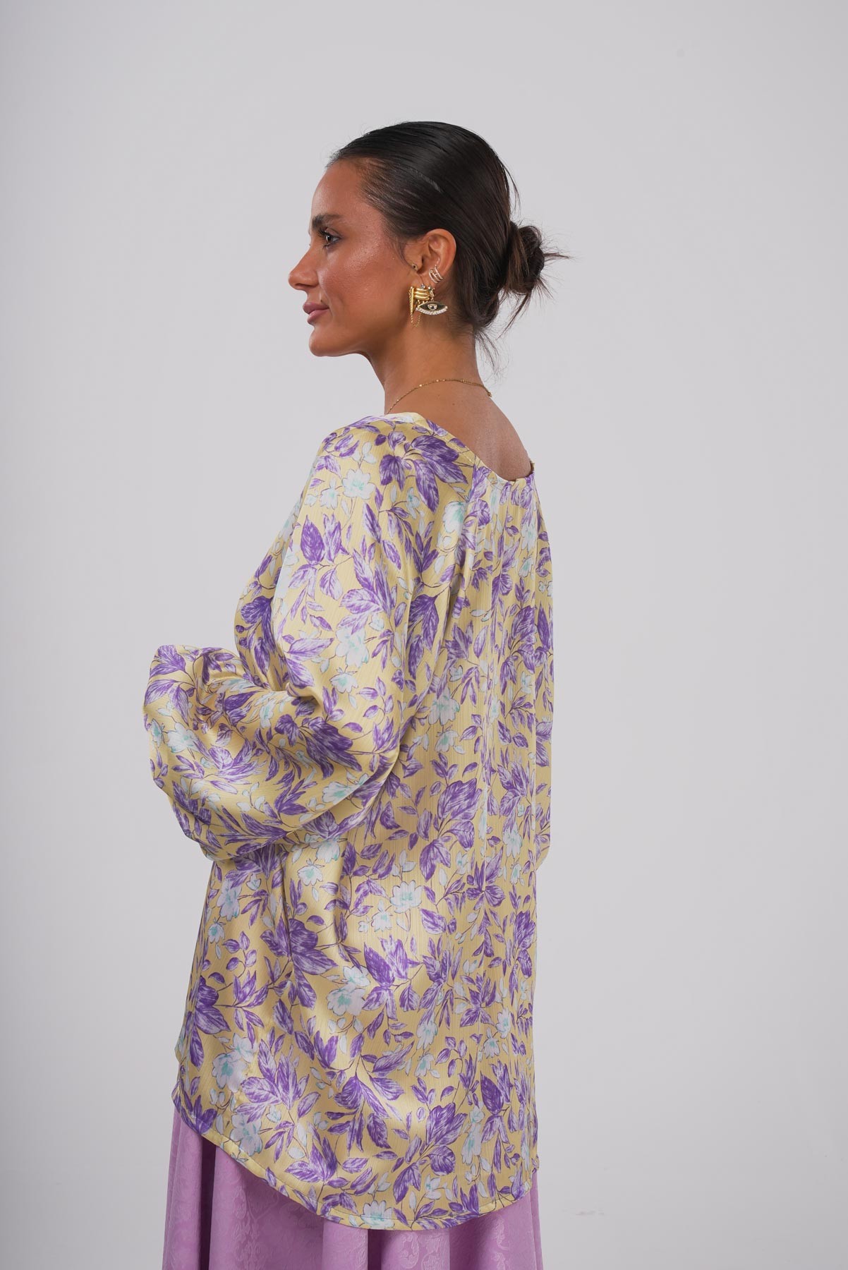 Pastel Çiçek | Desenli Oversize Saten Gömlek
