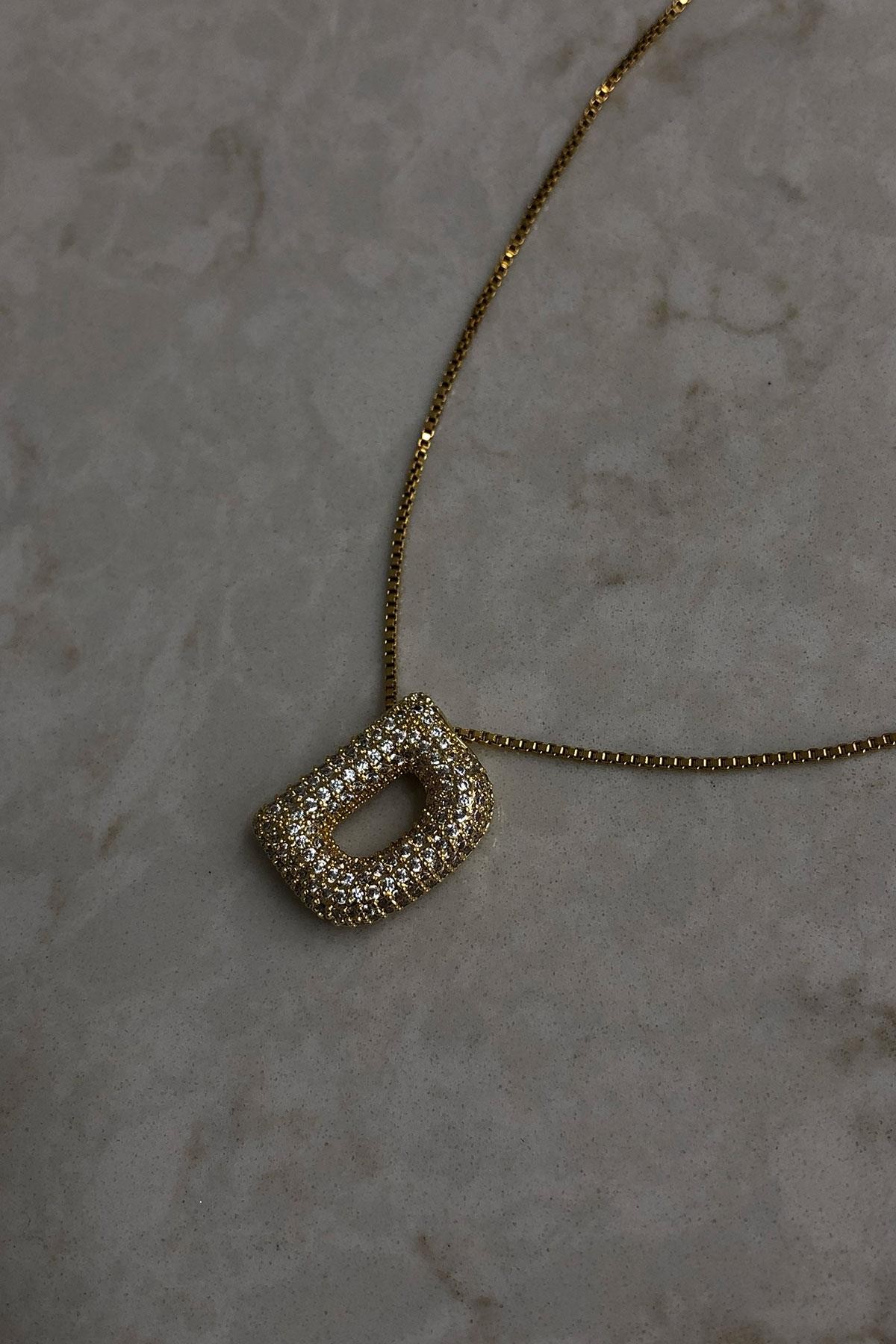 Zirkon Taş Model Gold Detaylı D Harf Çelik Kolye