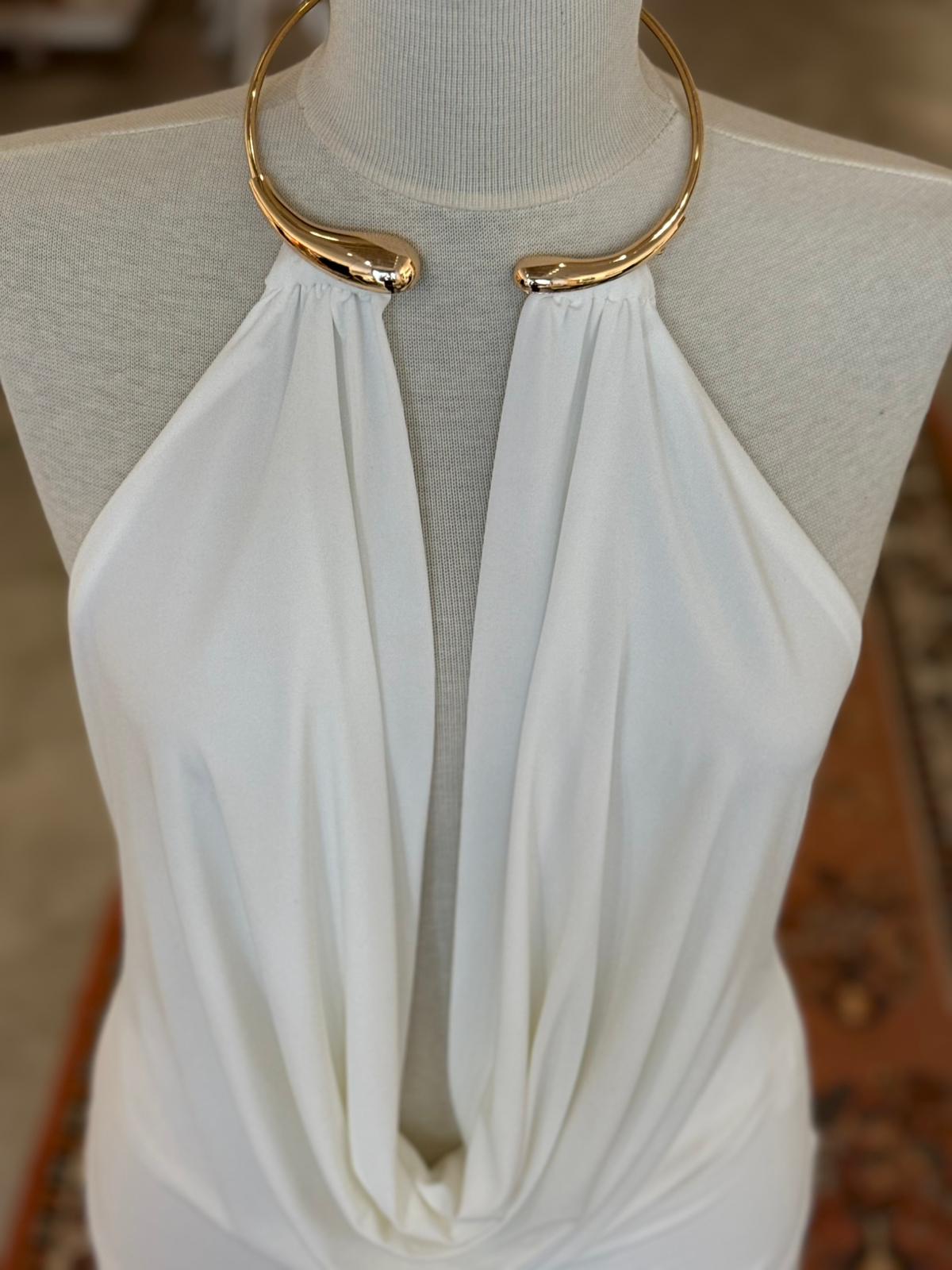 Kolyeli Dekolteli Beyaz Bluz