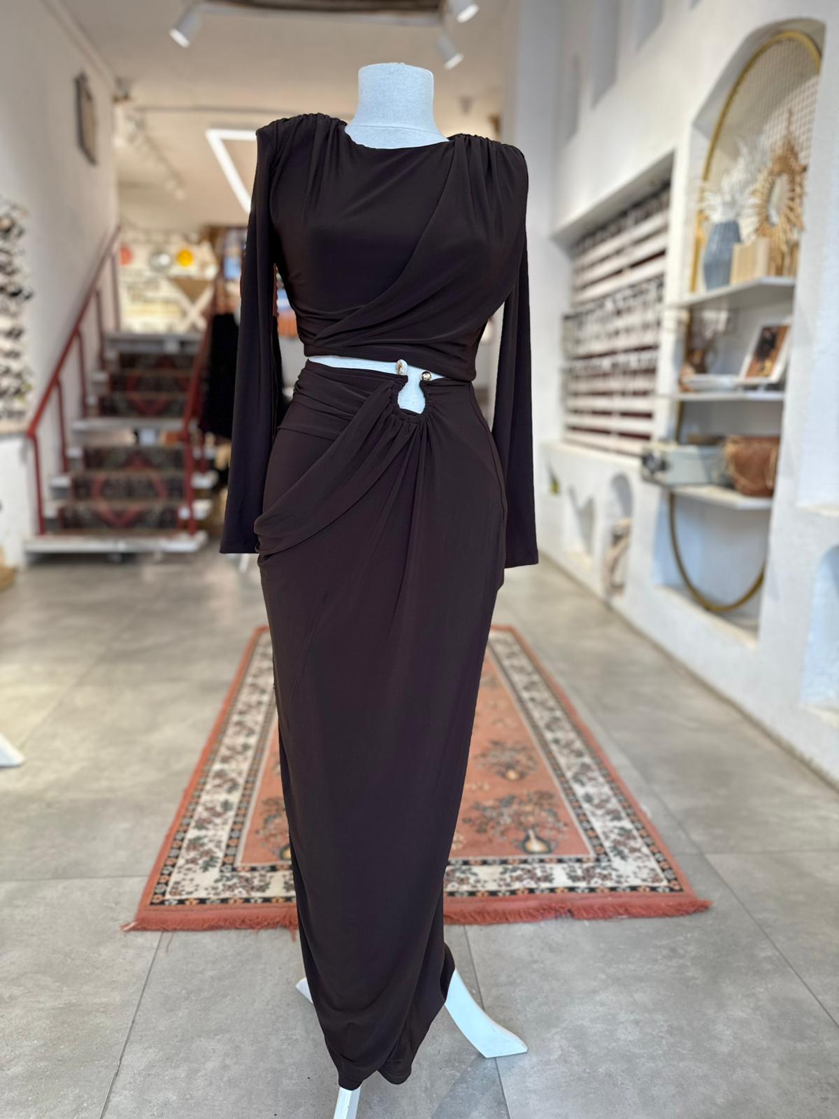 Vatkalı Bluzlu Etekli Kahve Rengi Takım