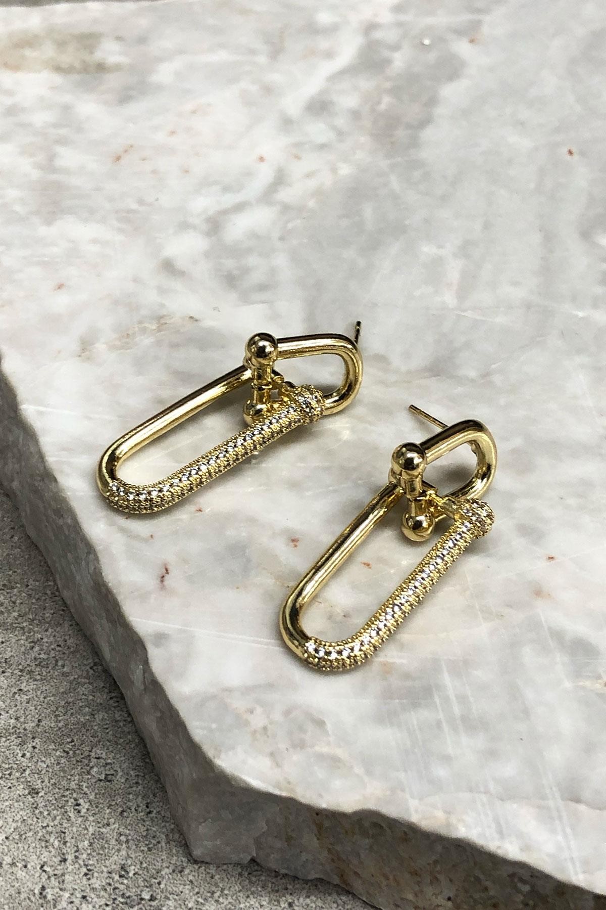 Tiffany Model Gold Detaylı Uzun Küpe