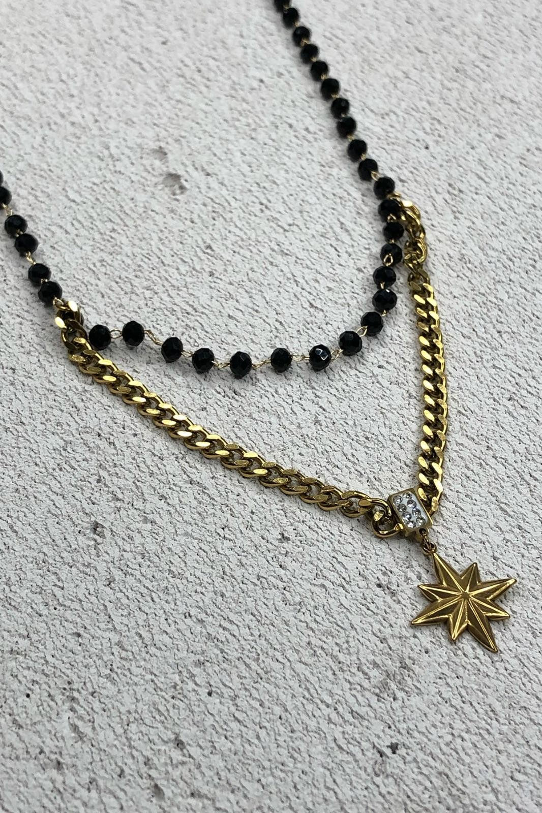 Siyah Boncuk Detay Kutup Yıldızı Model İkili Gold Kolye
