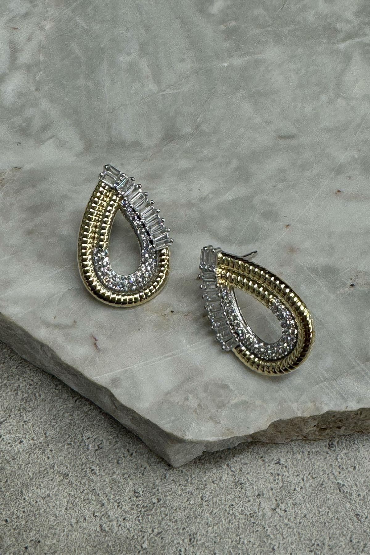 Taşlı Damla Model Gold Detaylı Kaplama Küpe