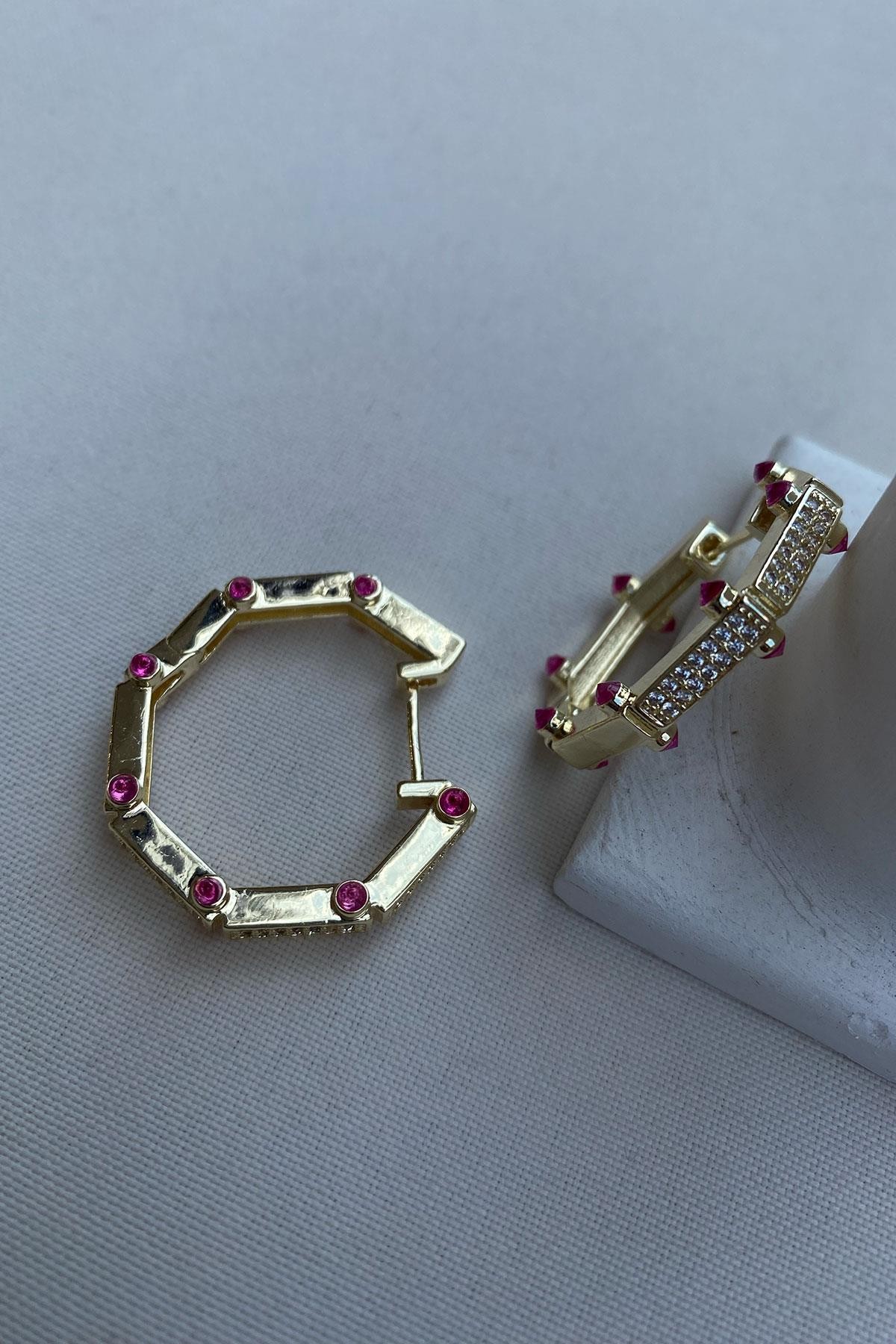 Zirkon Taş Altıgen Model Gold Detaylı Kaplama Küpe