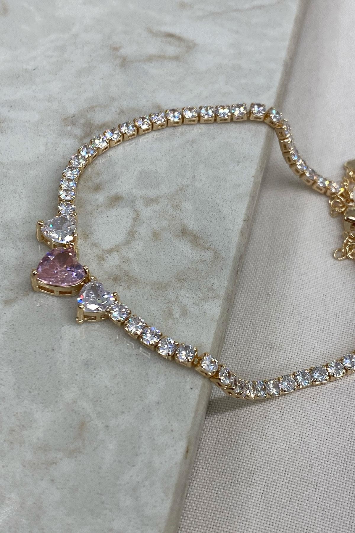 Kalp Pembe Model Gold Detaylı Zirkon Taş Halhal