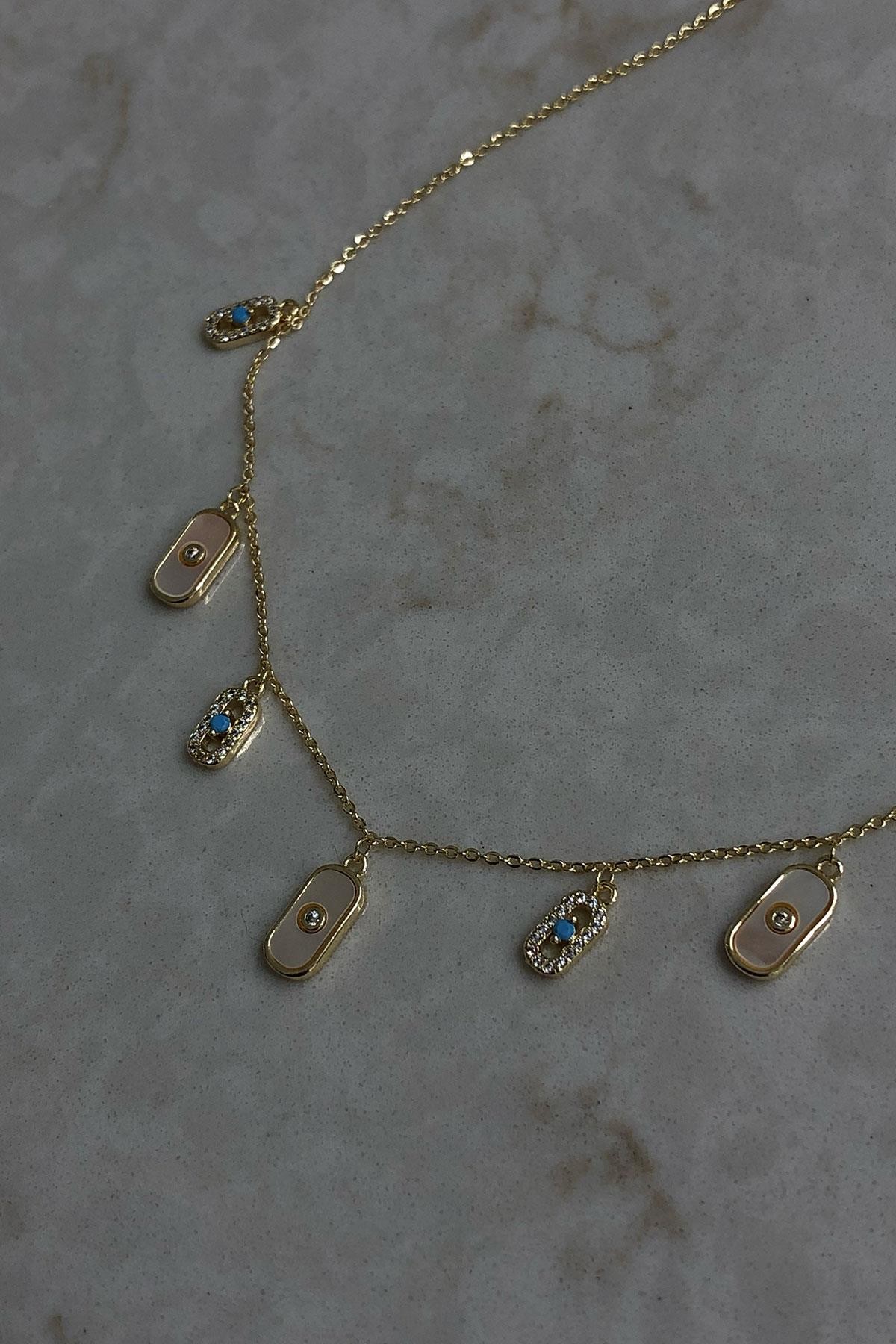 Sedefli Model Mavi Taş Gold Detaylı Kaplama Choker Kolye