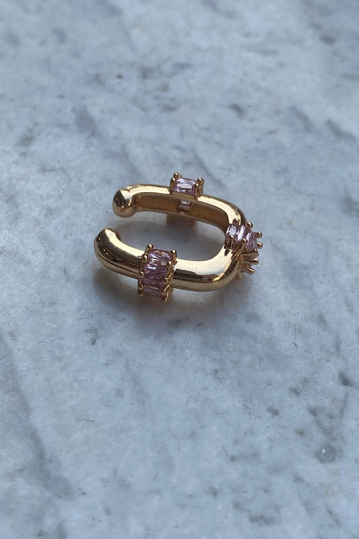 Pembe Model Gold Detaylı Zirkon Kıkırdak Küpe