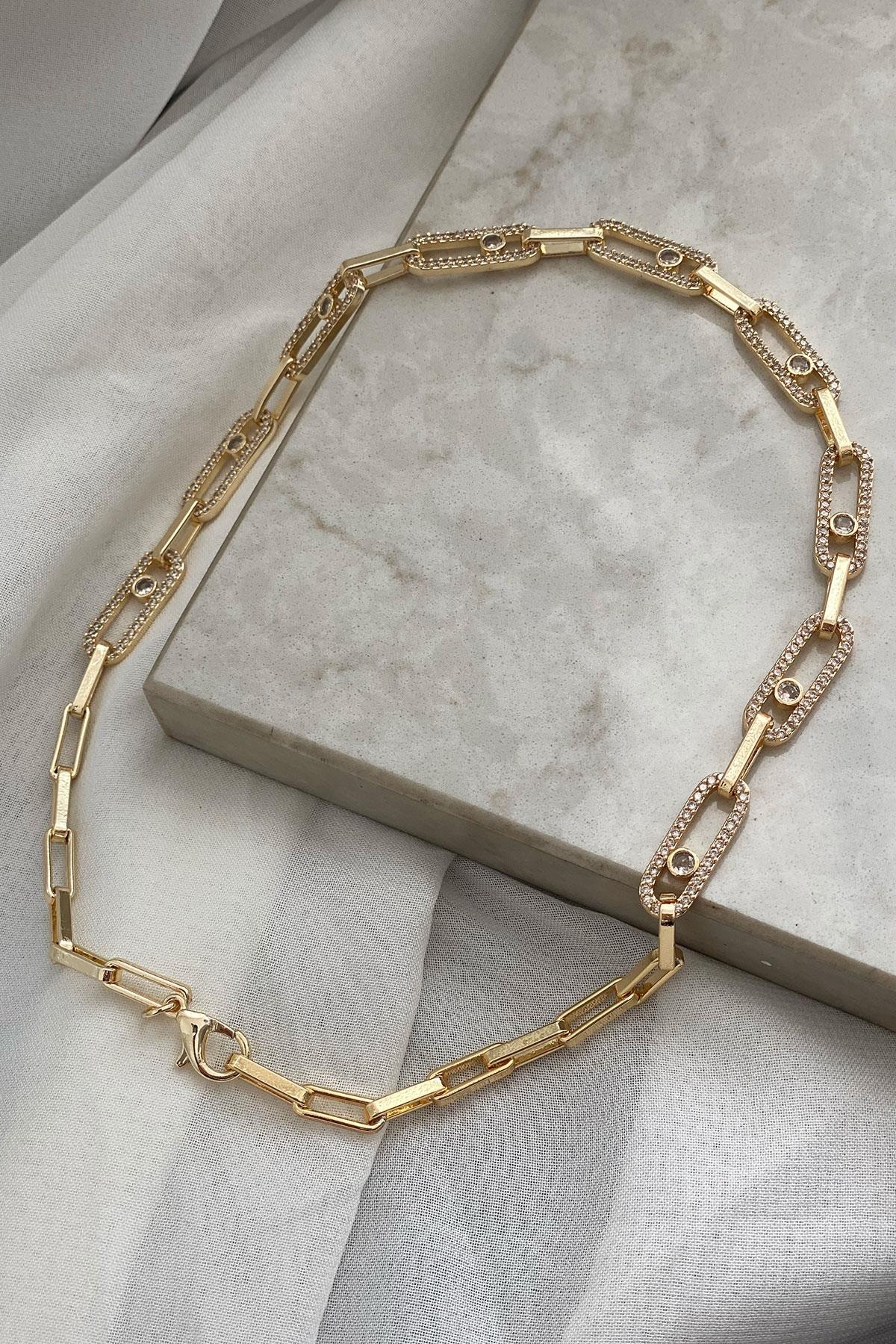 Oval Taşlı Model Gold Detaylı Kaplama Kolye