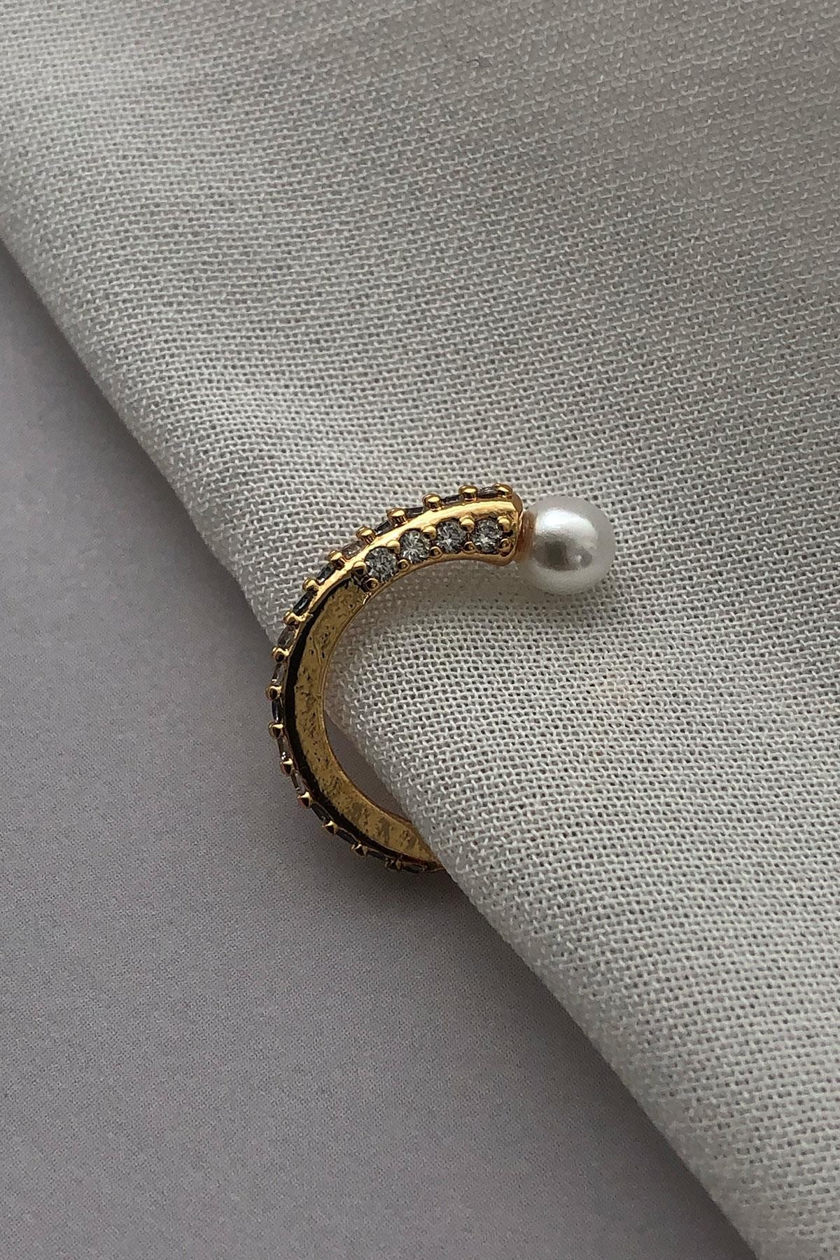 İnci Taş Model Gold Detaylı Kıkırdak Küpe