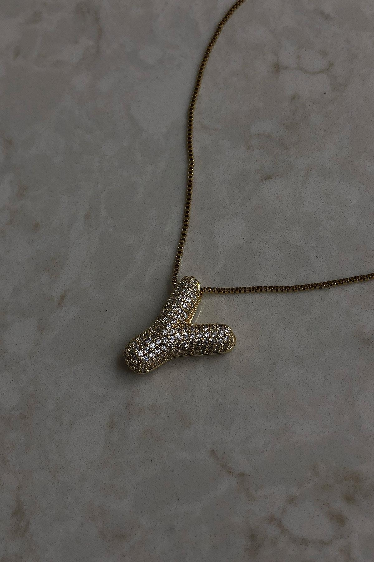 Zirkon Taş Model Gold Detaylı Y Harf Çelik Kolye