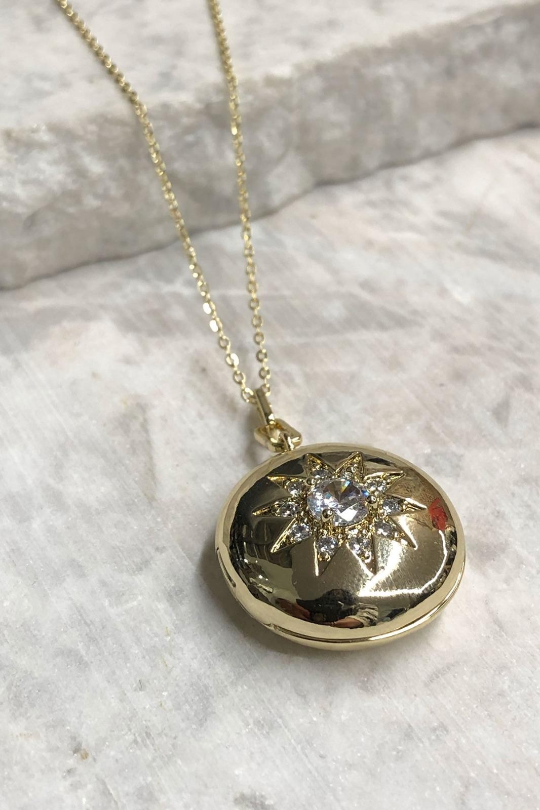 Yuvarlak Güneş Detay Açılabilir Gold Kolye