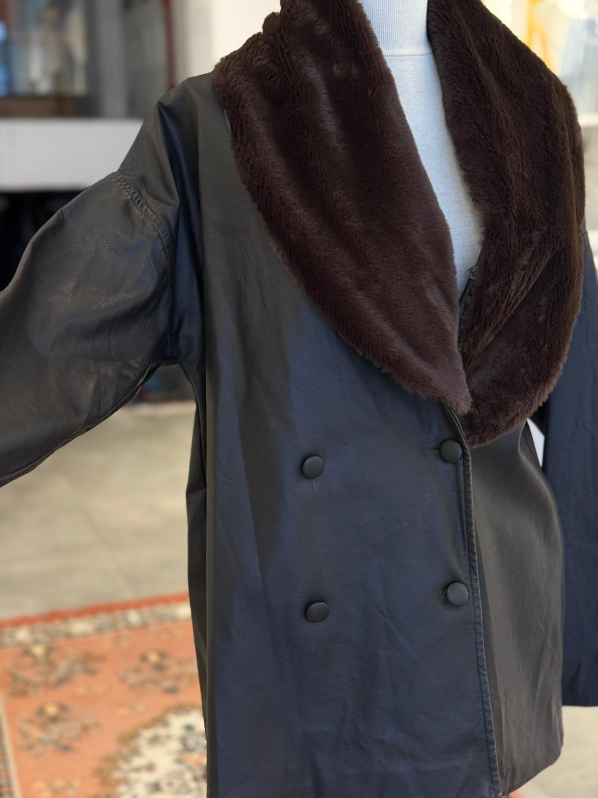 Yakası Kürklü Kahve Deri Mont