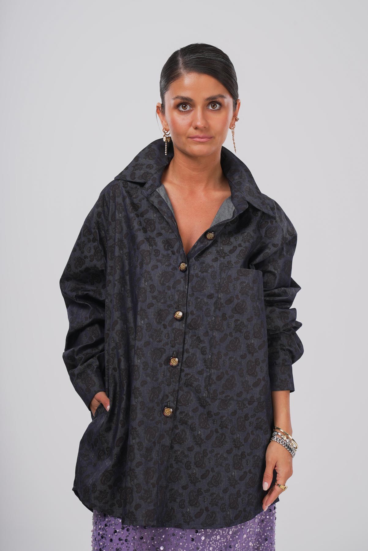 Desen Gizemi | Gold Düğme Detaylı Oversize Gömlek