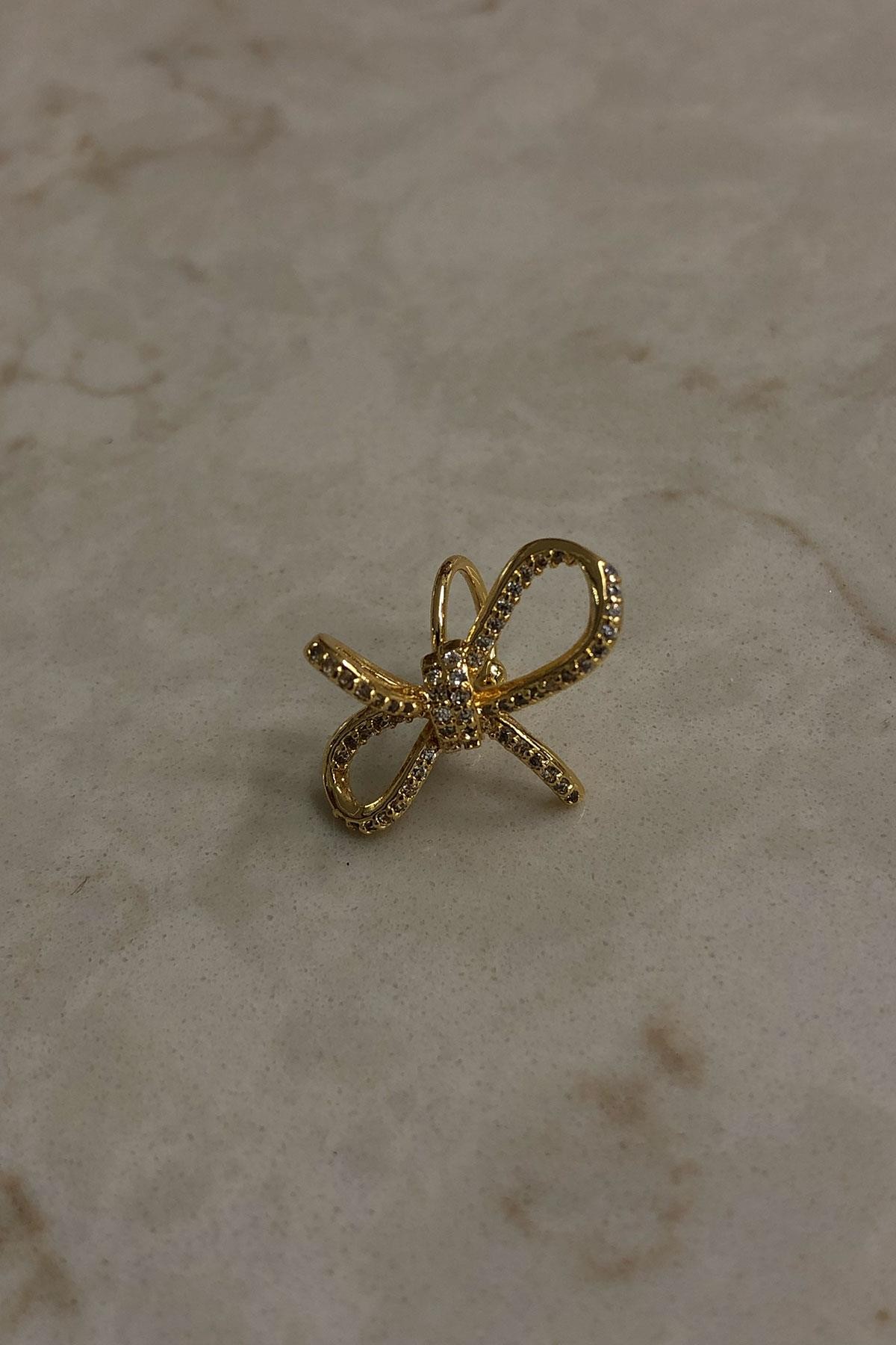 Taşlı Kurdele Model Gold Detaylı Kıkırdak Küpe