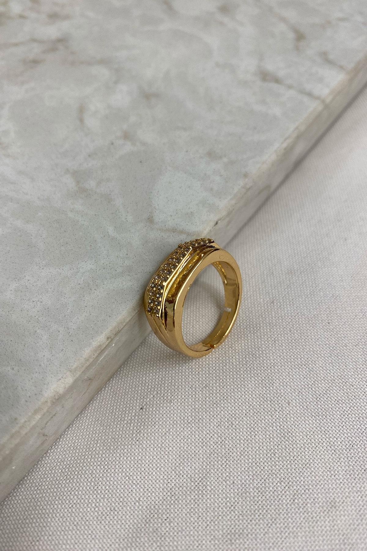 Taşlı Gold Detaylı Ayarlanabilir Zirkon Taş Yüzük