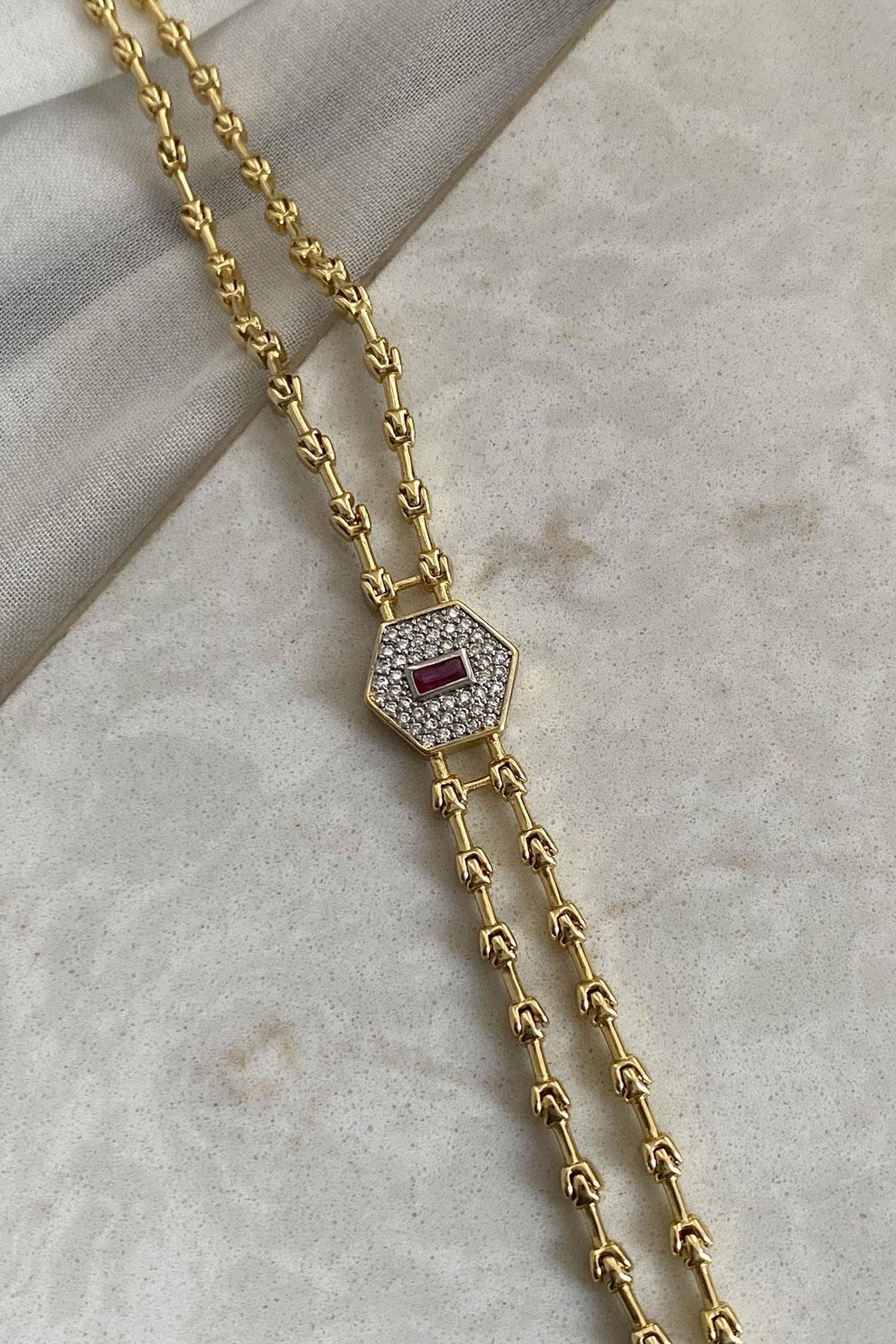 Gümüş Zirkon Taş Model Fuşya Gold Detaylı İkili Görünümlü Kaplama Bileklik